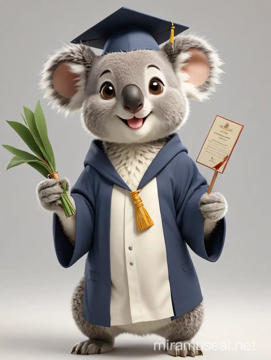 A charming, adorable 3D-rendered koala wearing a graduation cap and gown, standing against a crisp white background. The koala's eyes sparkle with excitement, and it has a friendly smile, holding a miniature diploma in its tiny paws. The details of the fur, the cap, and the gown are incredibly lifelike, creating a whimsical and delightful scene for a graduation-themed artwork., 3d render


