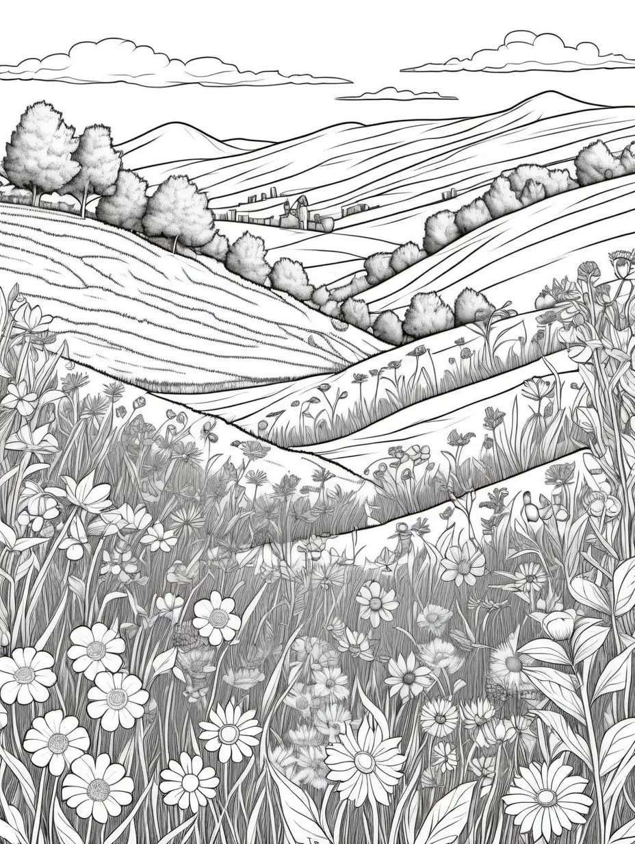 field of wild flowers on a hill, coloring page, no color, thick lines