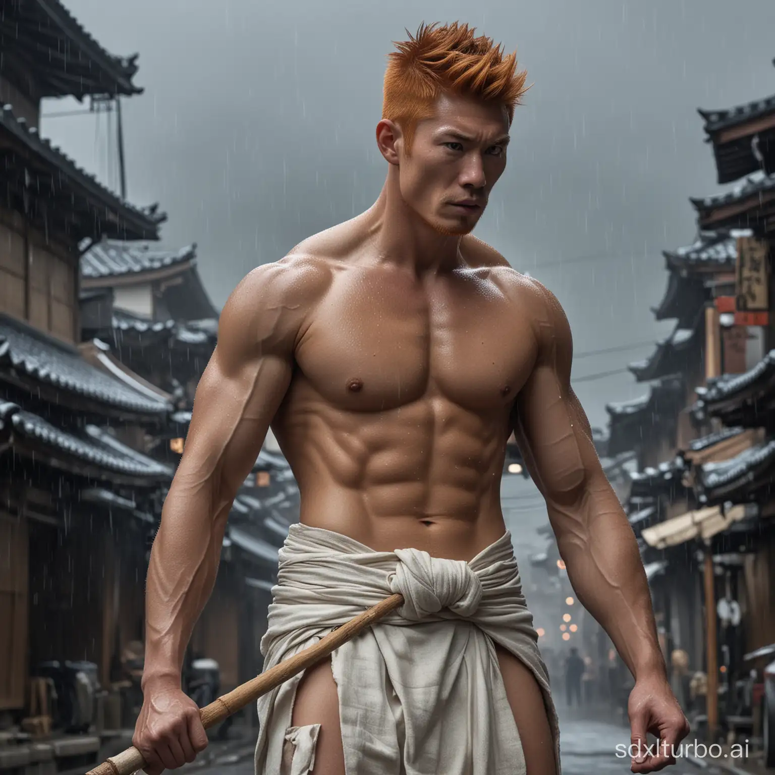 From a low-angle vantage point, a scene of intrigue unfolds amid an epic backdrop of an ancient Japanese street, shrouded in the immensity of night, dramatically underscored by fierce thunderstorms. A Japanese man emerges as the vehicular subject, caught in mid-flight, serving a visual spectacle in the cloudy sky.

The man is not alone -- Eight Taiku Drums hover in formation behind him, crafting an engrossing circular geometry, engendering a sense of awe and mystique.

Physically, the man commands attention. His ginger, short and spiky haircut offers a distinct edge, playing well with his rugged good looks and a muscular physique that calls out from his bare torso. The scene is intensified with the palpable grip of his hammer, paying homage to his warrior spirit.

Simplicity is maintained in his attire, with a bold statement made by his short white loincloth.

This visual narrative, powerfully rendered in 8K details, is nothing short of a photorealistic masterpiece.