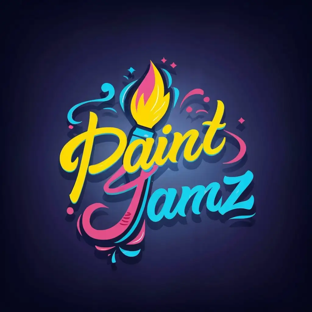 a logo design,with the text "Paint JAMZ", main symbol:The logo features vibrant, playful neon glow colors like electric blue, neon yellow, and bright pink. The central image is a paintbrush, dipped in colorful neon paint, swirling around to create dynamic movement. Behind the paintbrush, there's a subtle silhouette of children dancing and painting, with neon music notes floating around them. The text "Paint Jamz" is written in a fun and bold font, with each letter slightly tilted to convey a sense of playfulness and creativity, also in neon glow colors. ( with music notes floating around the paintbrush),Moderate,be used in Events industry,clear background