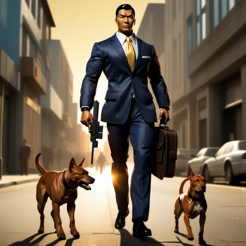 this is a high quality picture of a Filipino gi joe in a business suit where he is an undercover spy. He has black hair and is muscular. He has a suppressed pistol in one hand, and a high-tech briefcase in the other hand. The background is a small street in Europe with golden hour lighting. A protective Rhodesian ridgeback dog is walking beside him. 
