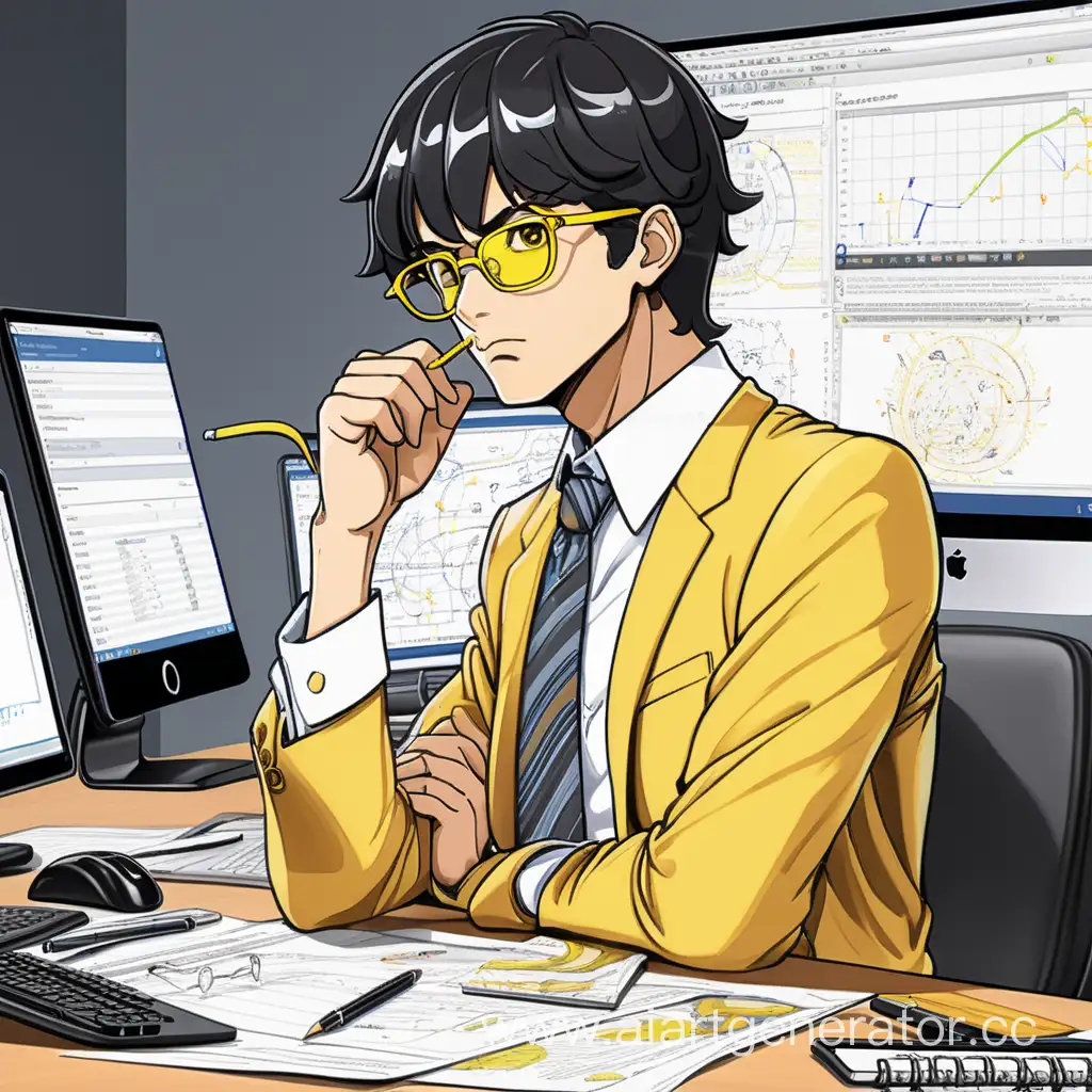 парень бизнес-аналитик, с черными волосами, в желтых очках, решает вопросы , в аниме стиле