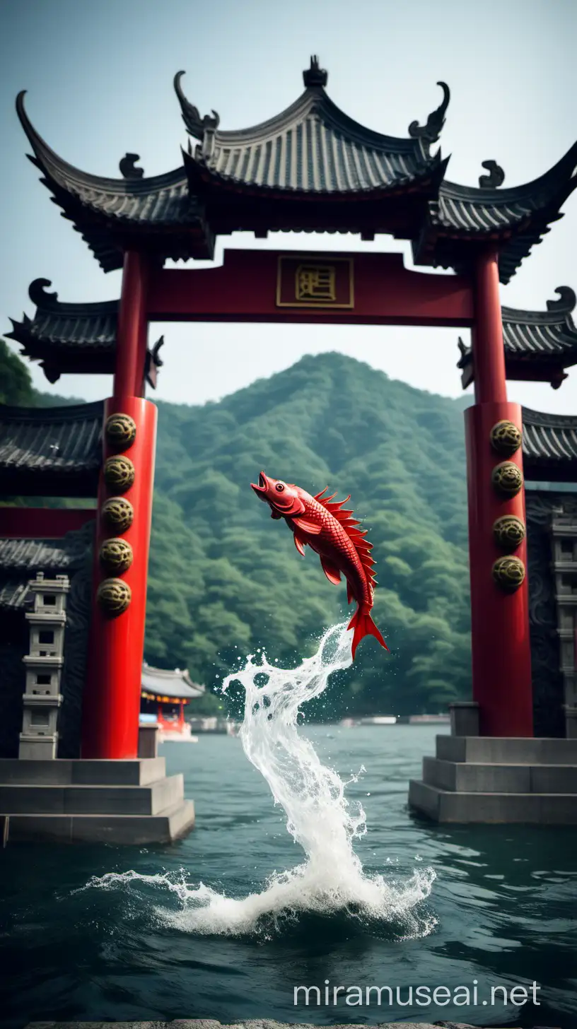 Colorful Fish Jumping Over the Dragon Gate in a Mythical Scene