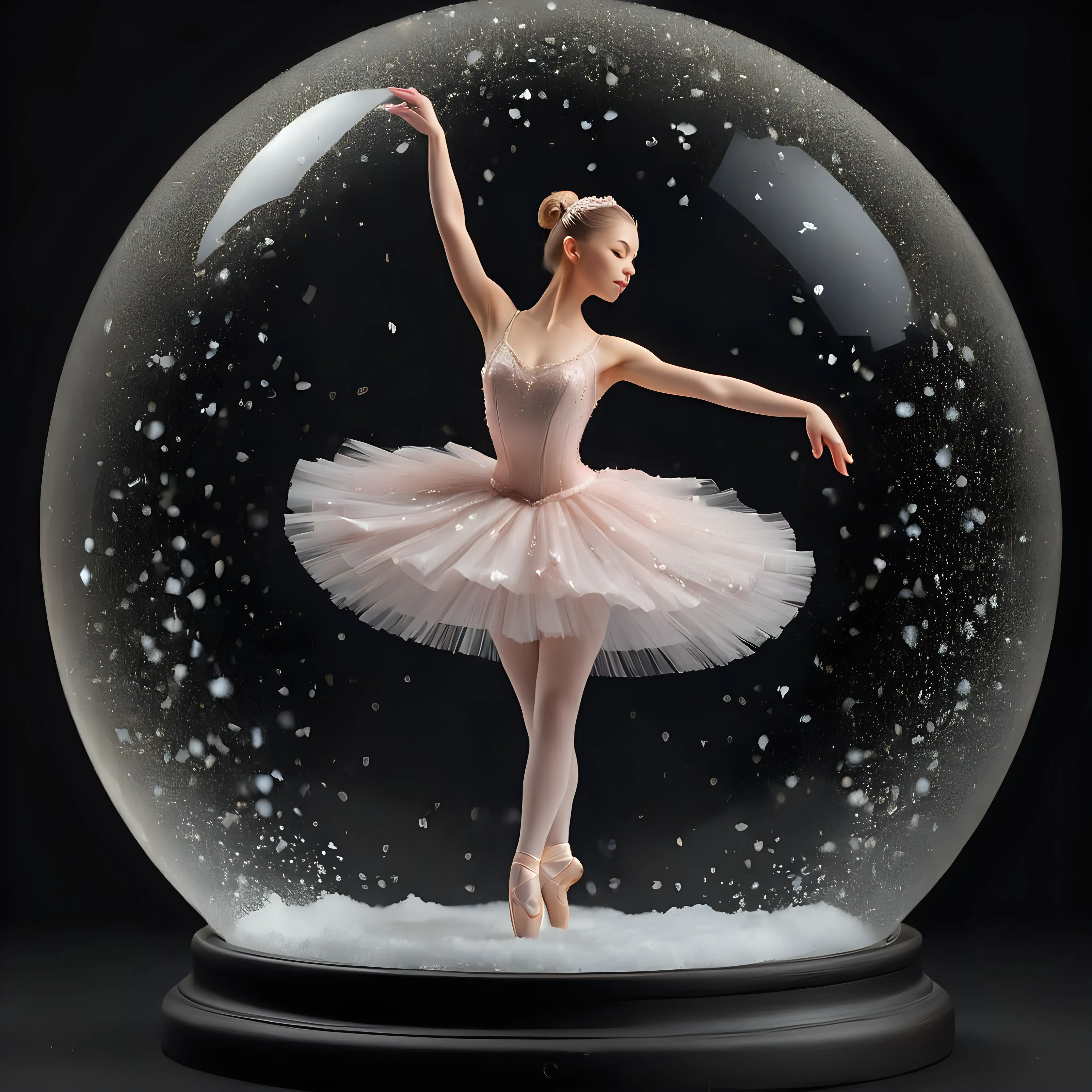 Une danseuse sur pointe, dans une boule à neige en verre sur fond noir