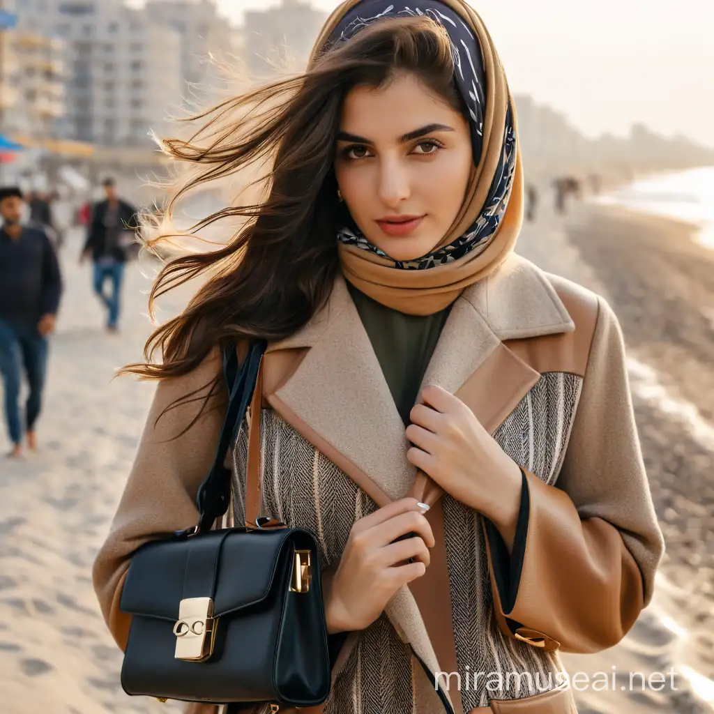 A beautiful girl with a modern headscarf and a stylish Tehran-style coat, carrying a small leather women’s bag in image upload, photographed on a beach street with the highest photographic quality and authenticity, using a 50mm lens
