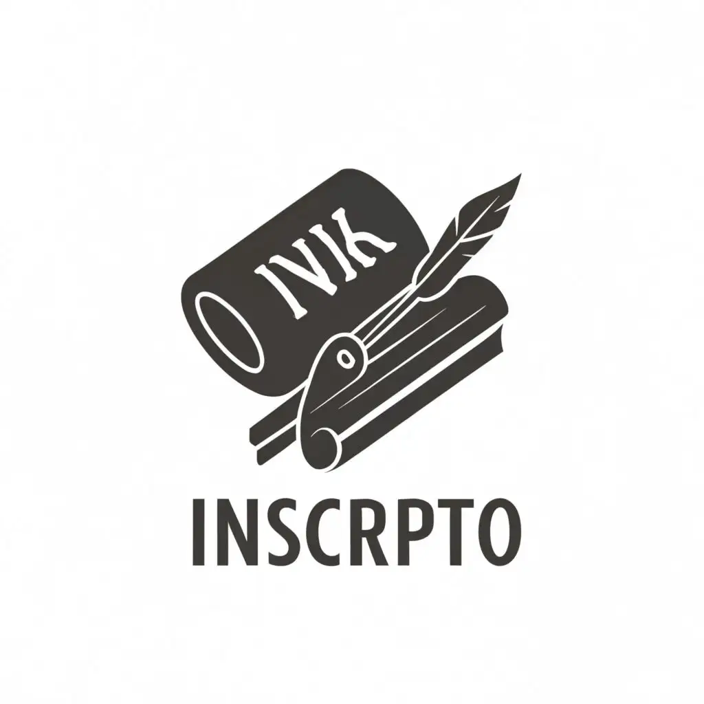 logo, ink and quill with log book, material design, with the text "inscripto", typography
