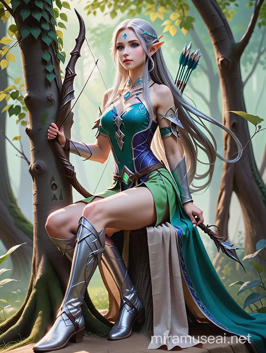 full-length portrait 
in the style of world of warcraft
Girl elf archer with long straight hair, silver color. 
Expressive eyes of dark blue color 
Pale skin with a slight silvery tint
Tall and slender figure
Clothing of silk and linen with patterns of vines and leaves the color green and silver.
Silver and amethyst jewelry.
light leather boots 
bow held in his hand in front of him
quiver of arrows behind her back
Elven woman sitting on bent legs on a tree