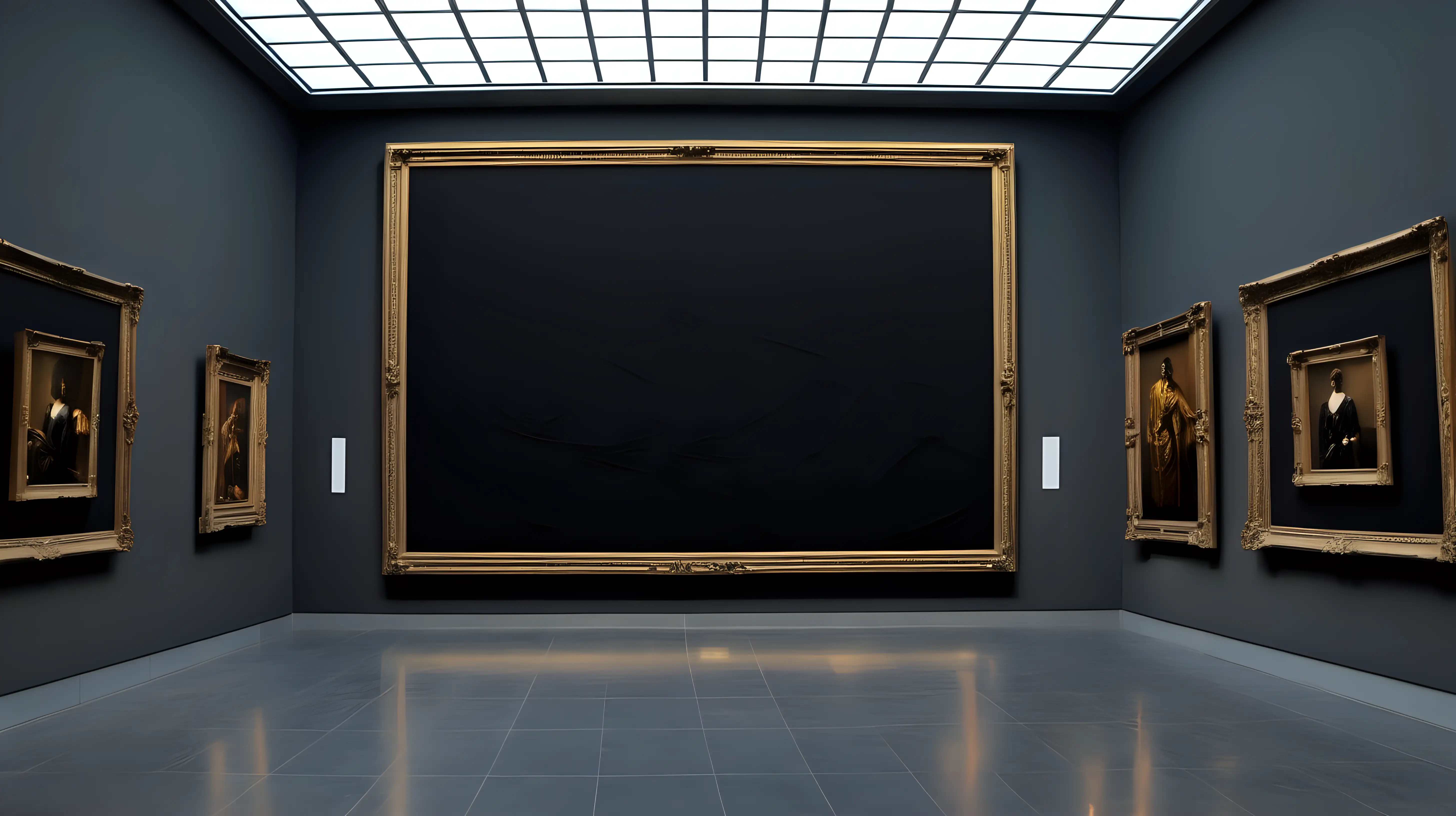 Art Museum with empty walls except for one giant, gold framed black canvas