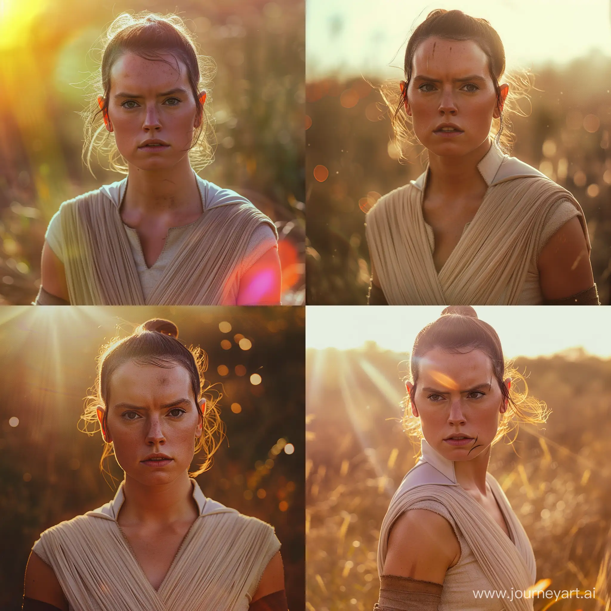 Rey from Star Wars (Daisy Ridley) full body photo of skswoman, furled brow, outdoors, a magic portal to a parallel dimension, landscape with Warm Colors, analog style, look at viewer, skin texture, close up, cinematic light, sidelighting, Fujiflim XT3, DSLR, 50mm with some lens flares and more cinematic lens flares and even more lens flares
