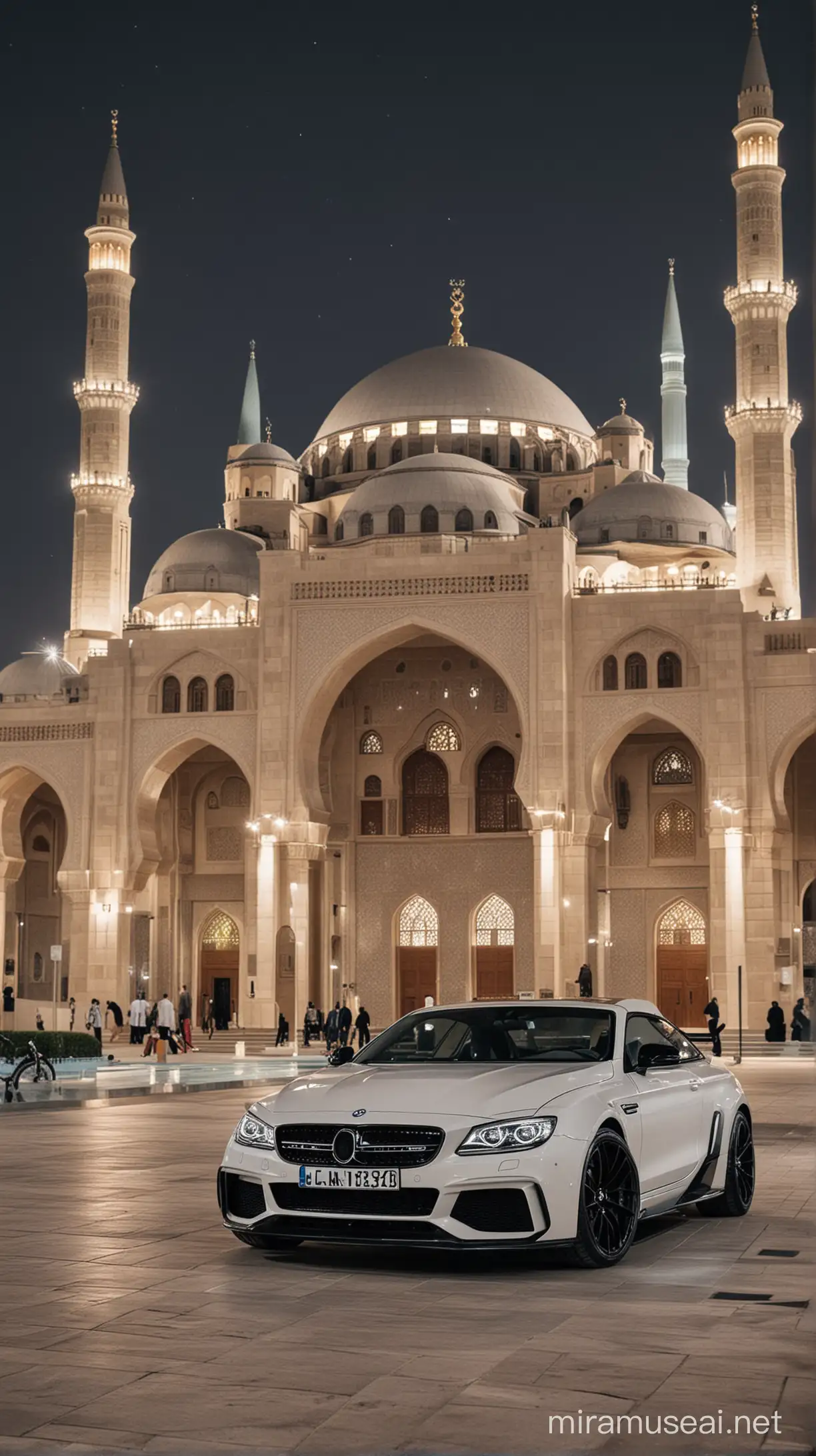 Give me a picture of BMW, Mercedes, Volkswagen, and Audi in front of a Mosque for ramadhan