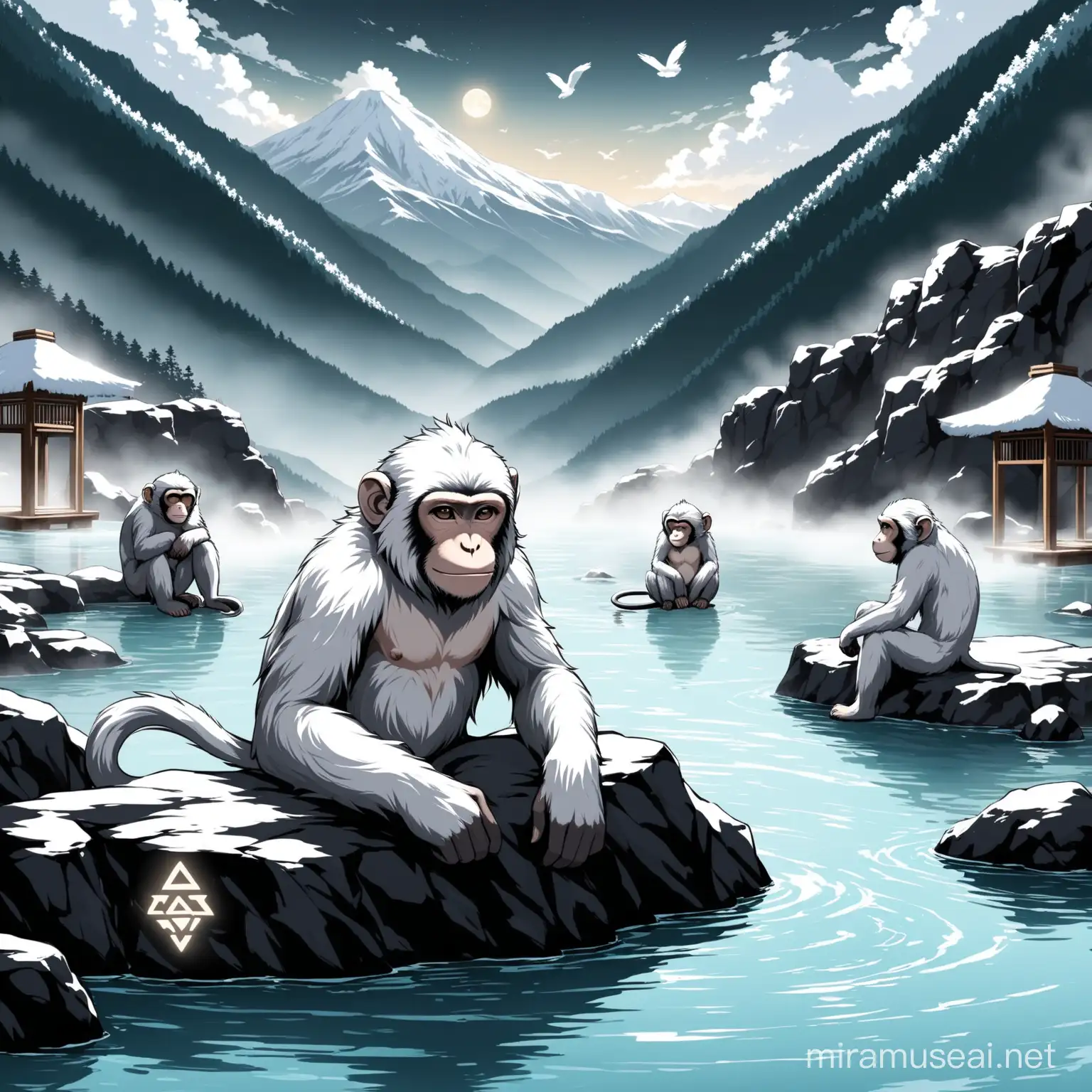 monkey in hot springs (group)
appreance- noir/ white fur/ white monkey-runes/ relaxing/
background-mountain/noir/rockysteam