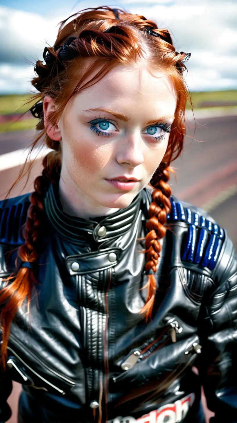 Young redhead with blue eyes and dark make-up,  braided hair, wearing leather motorcycle race suit, Scotland 
