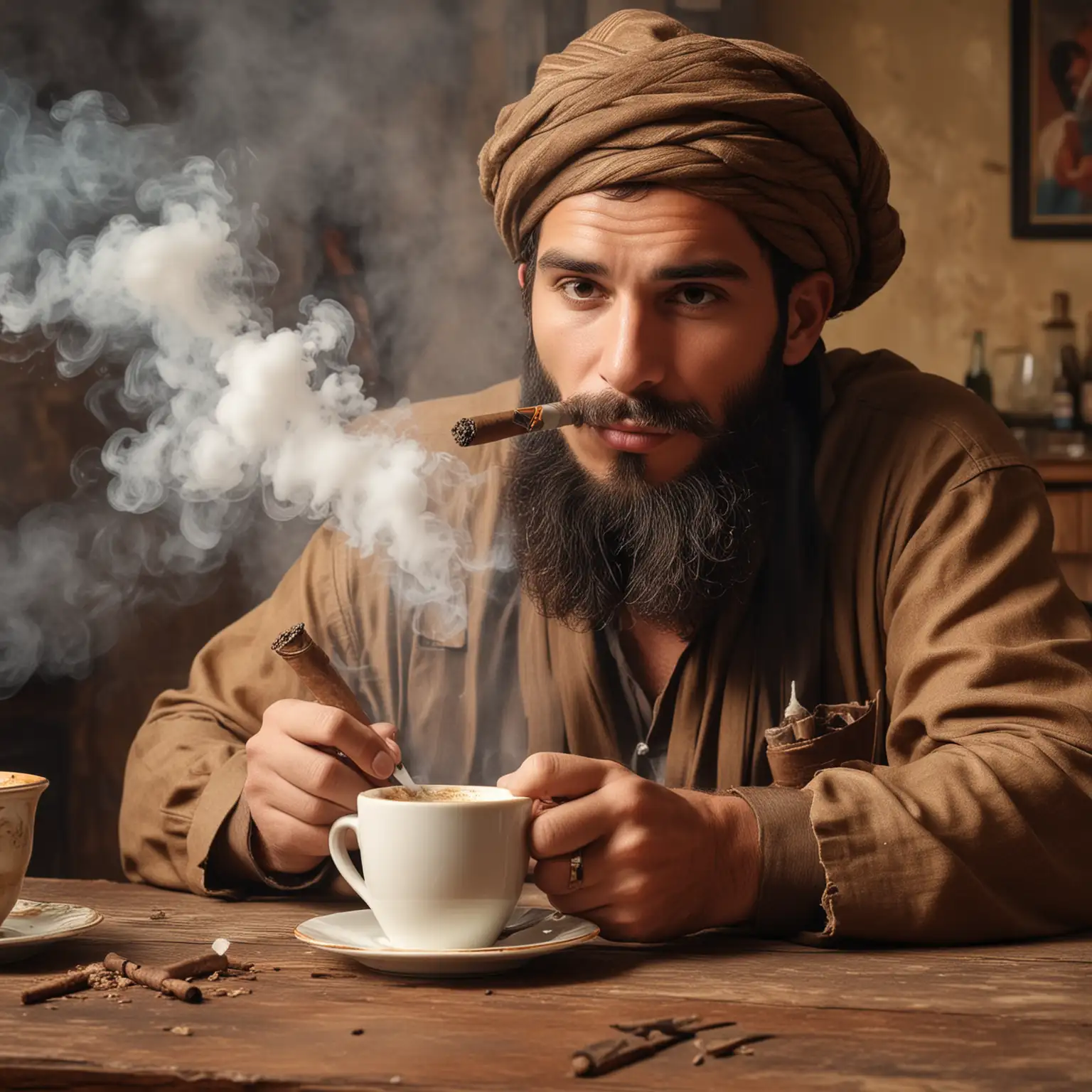 Guy drinking cappuccino, smoke big cuban sigar.  , make the mug on the table, very funny , comedy atmosphere, Hollywood movie style , taliban look, 50s Studio atmosphere . Make fingers hyper realistic 