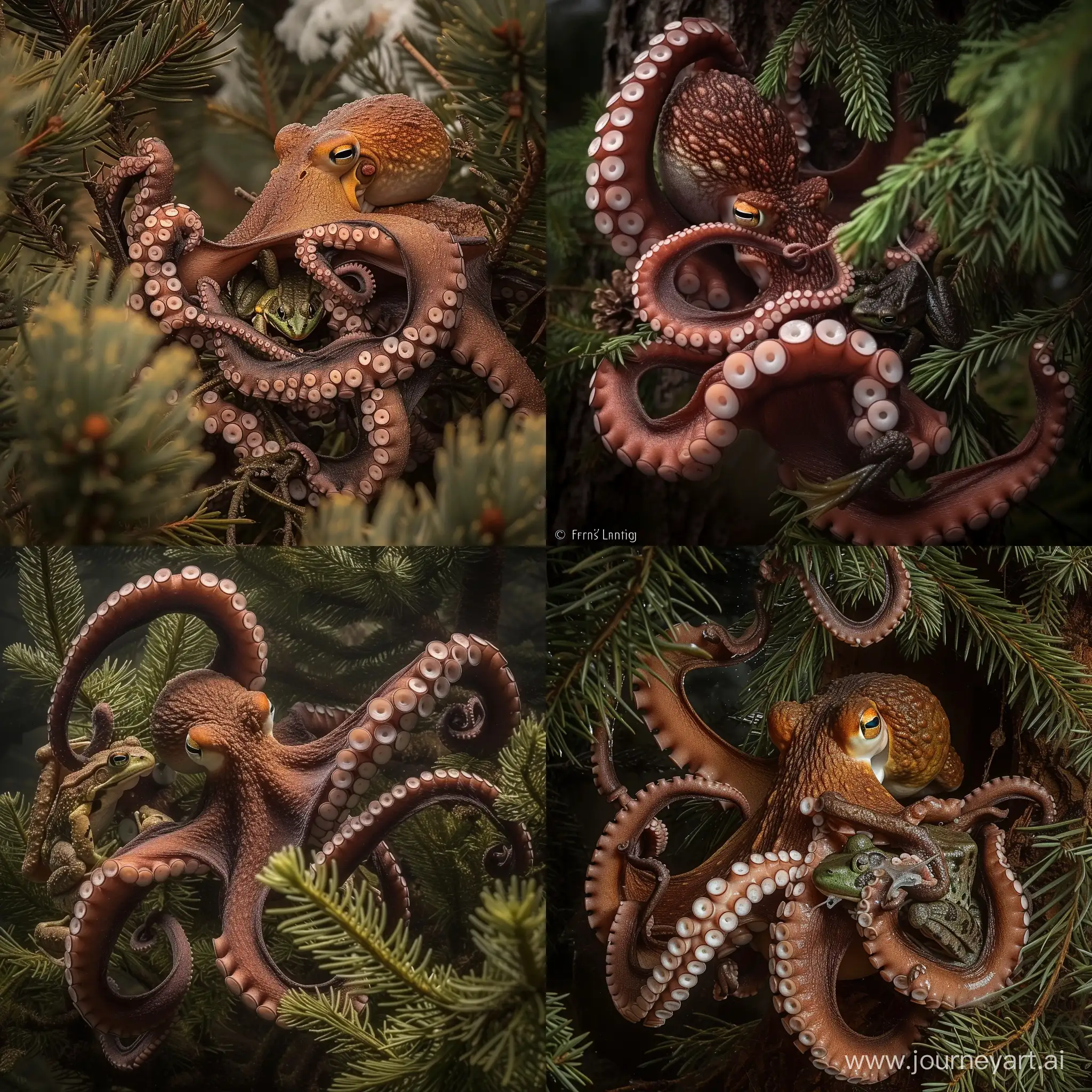 Octopus-Feasting-on-Bullfrog-in-Temperate-Pine-Rainforest