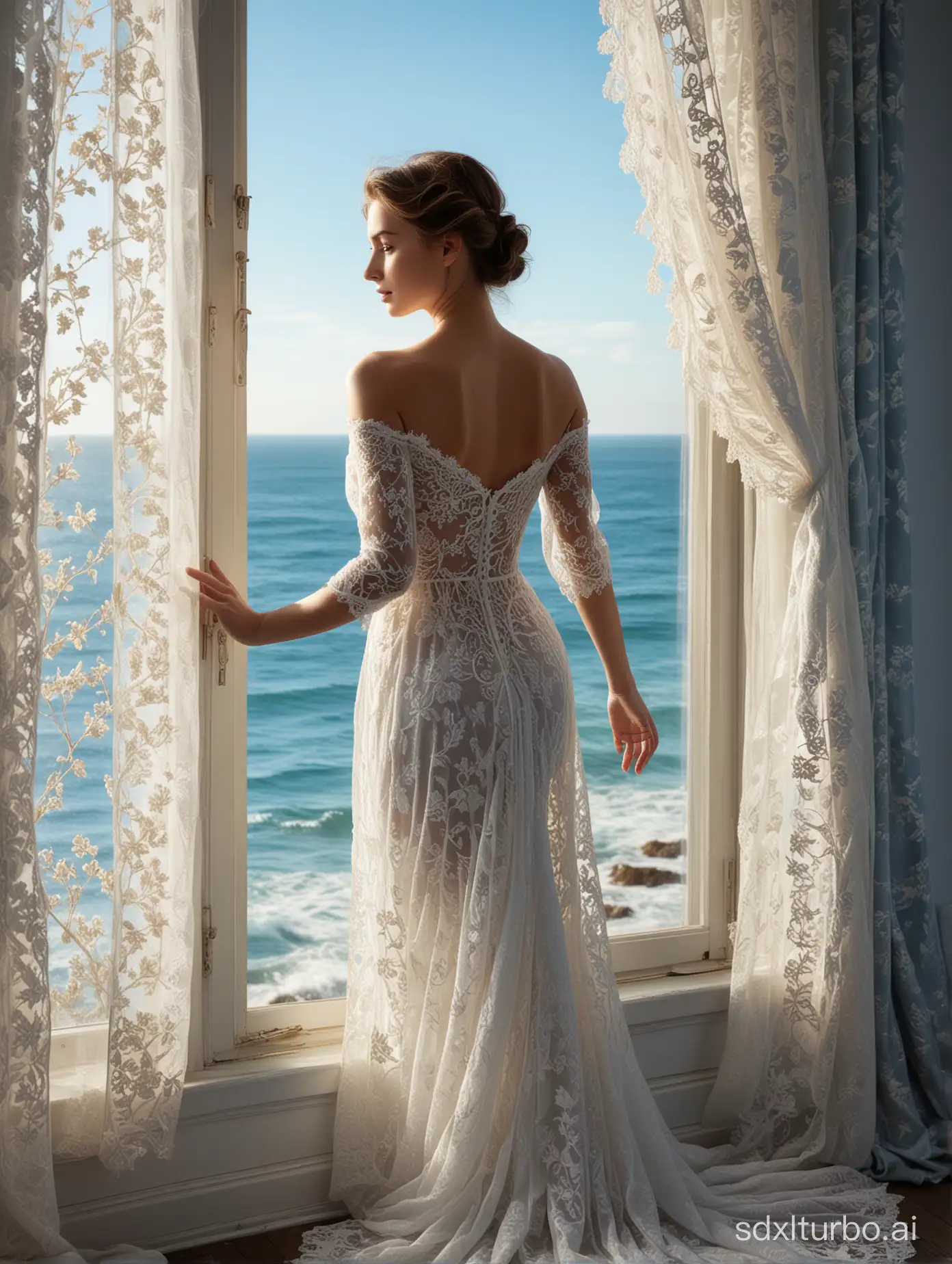 "Imagine a stunning scene where a beautiful woman gazes out of a window, her silhouette framed against the backdrop of a vast blue sea stretching towards the horizon. The gentle sunlight bathes her features, accentuating her delicate beauty as she contemplates the endless expanse ahead. Every detail, from the intricate lace curtains gently swaying in the breeze to the subtle interplay of light on her skin, adds depth and richness to the composition. It's a moment frozen in time, reminiscent of the timeless elegance captured by artists like Monet in his tranquil seascapes."