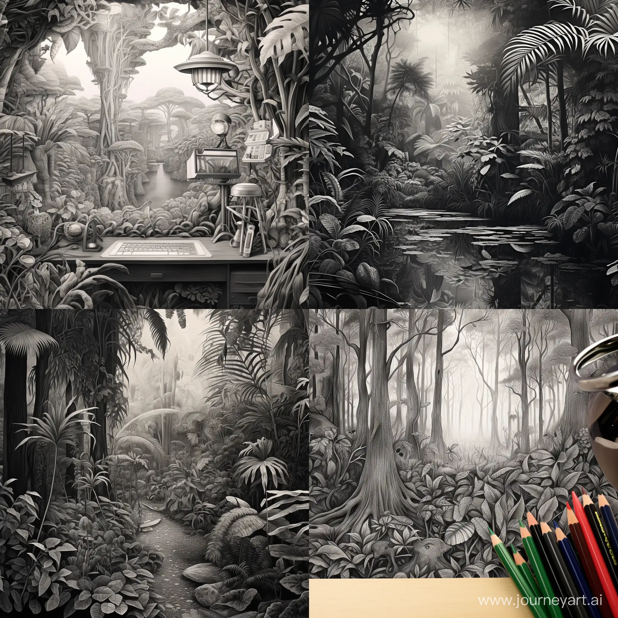 Give a photograph an artistic touch by transforming it into a detailed pencil drawing with a touch of surrealism. The photograph features a lush forest with towering trees, sunlight filtering through the leaves, and a mystical atmosphere. The art style should be inspired by the works of artist Salvador Dali and the intricate details of Albrecht Durer's drawings. The camera shot is a close-up shot, captured with a macro lens, highlighting the intricate details of the leaves and textures of the forest. The pencil drawing should have cross-hatching techniques, subtle surreal elements, and a sense of depth and realism.