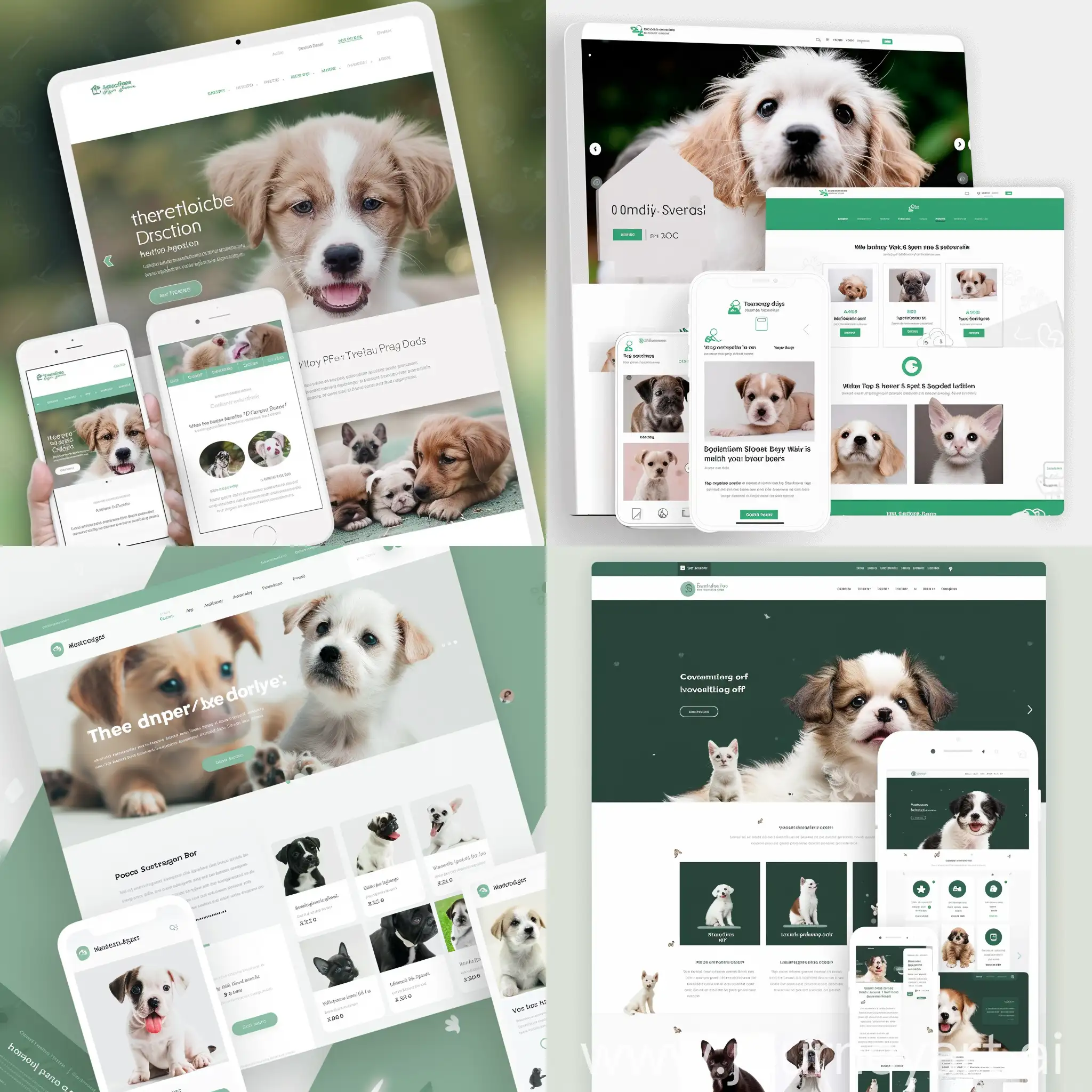 Создай макет веб-сайта (адаптивный для ПК и телефона) для размещения объявлений о бездомных животных, выполненный в белом и зеленом цветах.