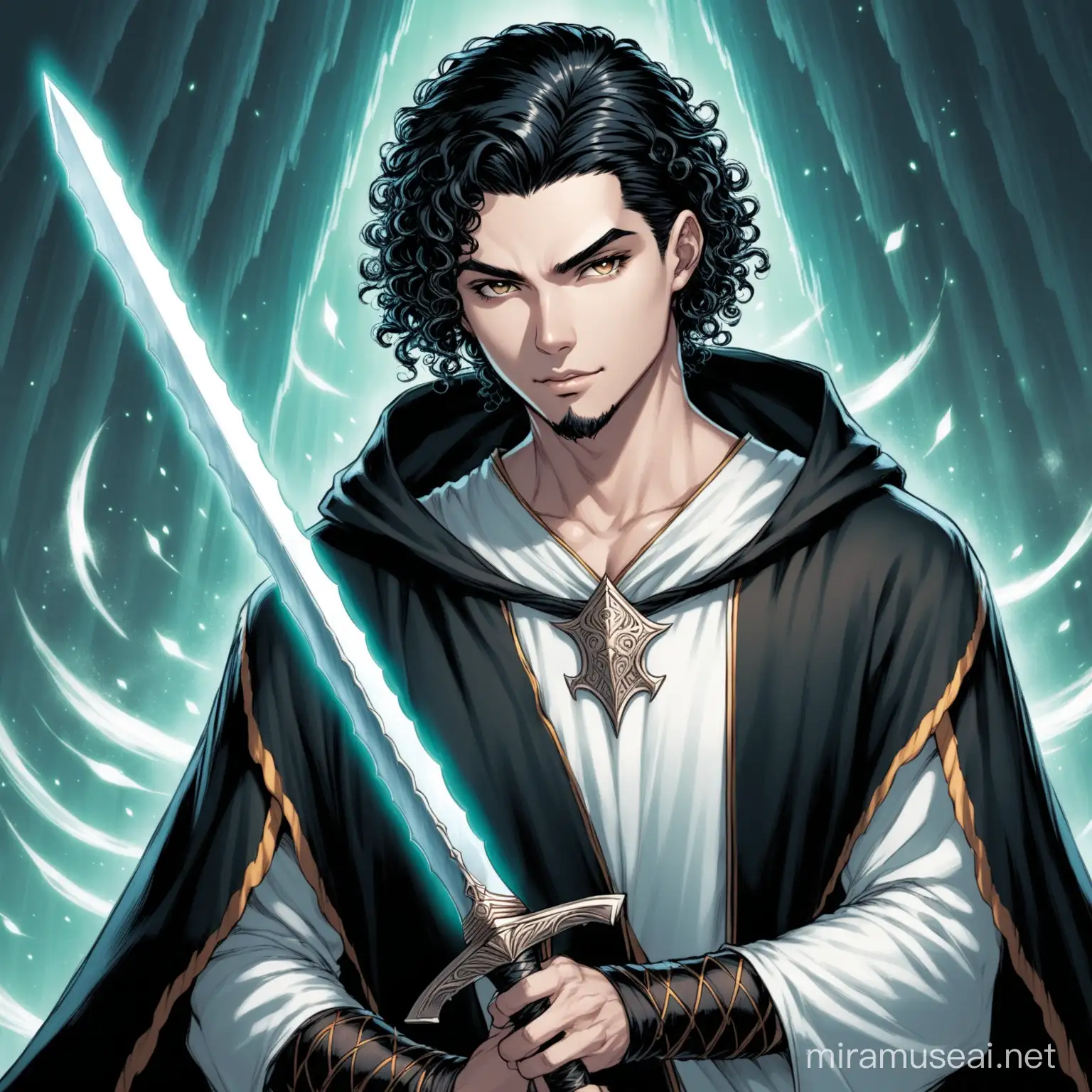 latino male with white skin, short curly black hair, hair tapered and shaved close on the side of the head, wearing wizard attire, holding a sword, in fantasy style