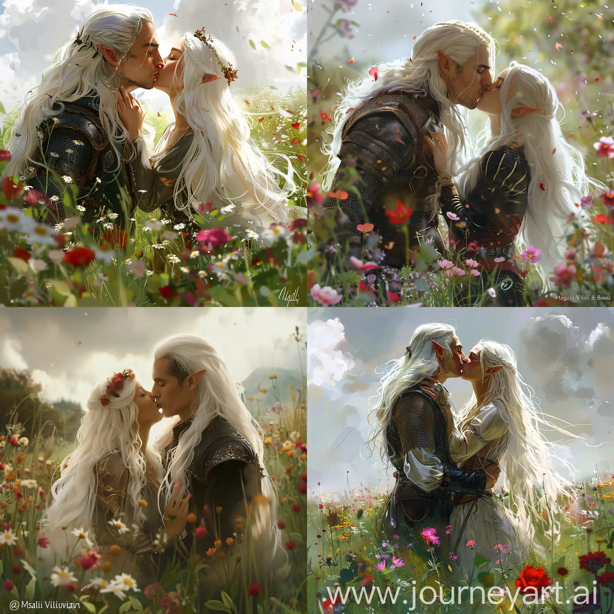 a man and a woman kissing in a field of flowers, a digital rendering, by Magali Villeneuve, fantasy art, detailed white long hair, of elven queen galadriel, mobile wallpaper, profile pic, in romantic style, so cute, beauty and the beast, photo of a beautiful, swashbuckling and romantic, love is begin of all