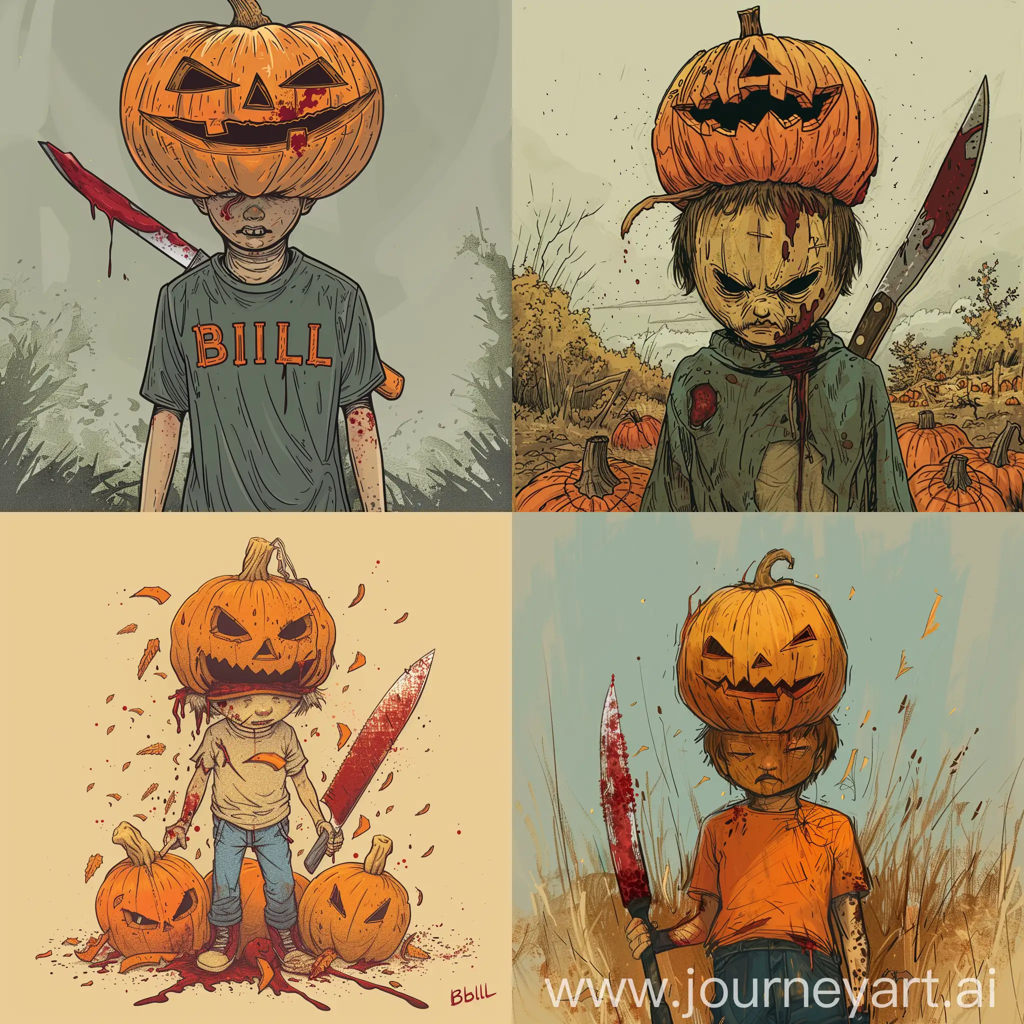 Name: Bill Gender: Male Age: 16 Sexuality: Straight - Orphan Boy with carved pumpkin on his head (he is actually stuck in it, but he covers it), and bloody knife. - The Guardian of pumpkin patch. - Not in mood to talk or having guests, so he is just want you to get out of pumpkin patch. He likes being alone. - In some irritated situations, he threats with knife.