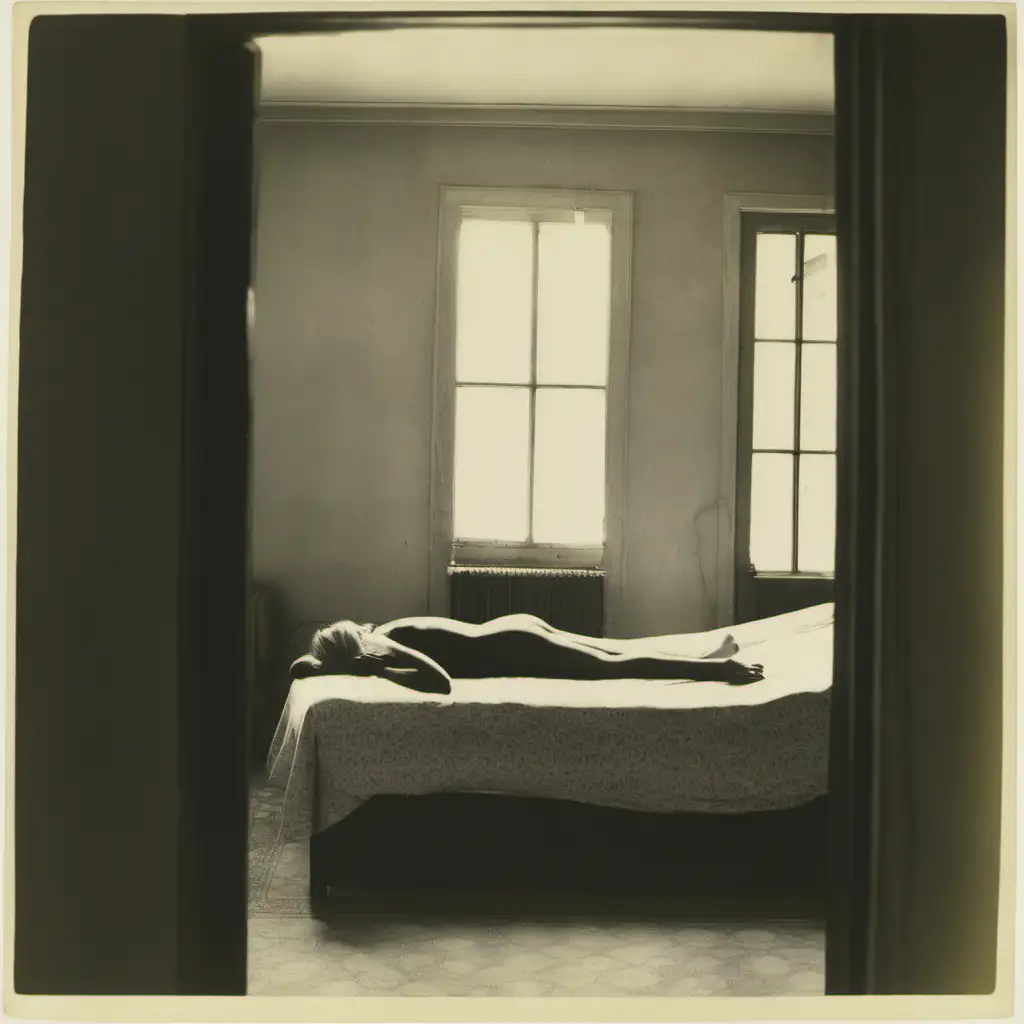 View from a doorway into a bdoom; a woman lying on a bed