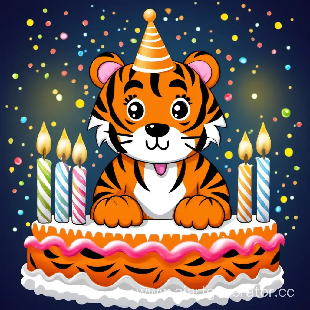 Тигр пушистый, радостный, день рождения, праздничный колпак на голове, праздничный торт, много свечей на торте, праздник