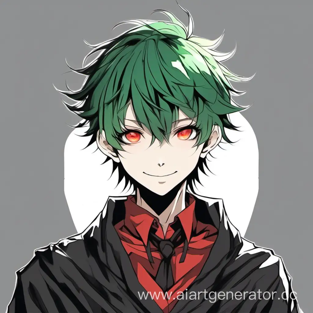 мальчик с зелёными волосами и лохматой прической, улыбается, глаза не видно из-за чёлки, красная рубашка без галстука, чёрная мантия волшебника, портрет, аниме стиль