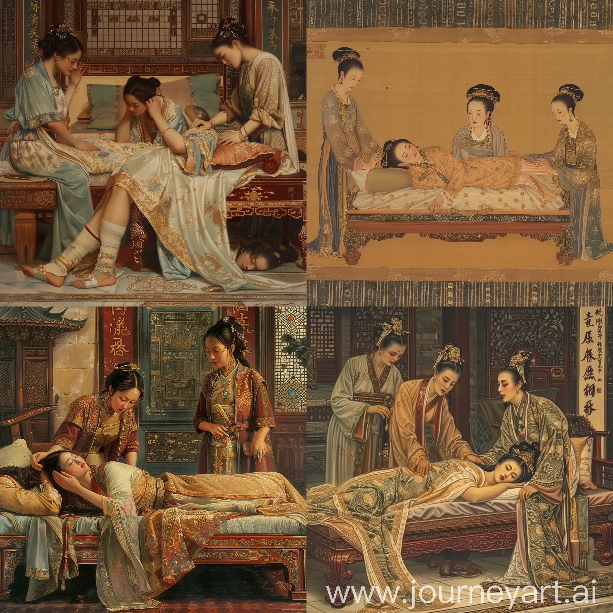 Luxurious-Scene-Chinese-Empress-with-Headache-and-Attendants