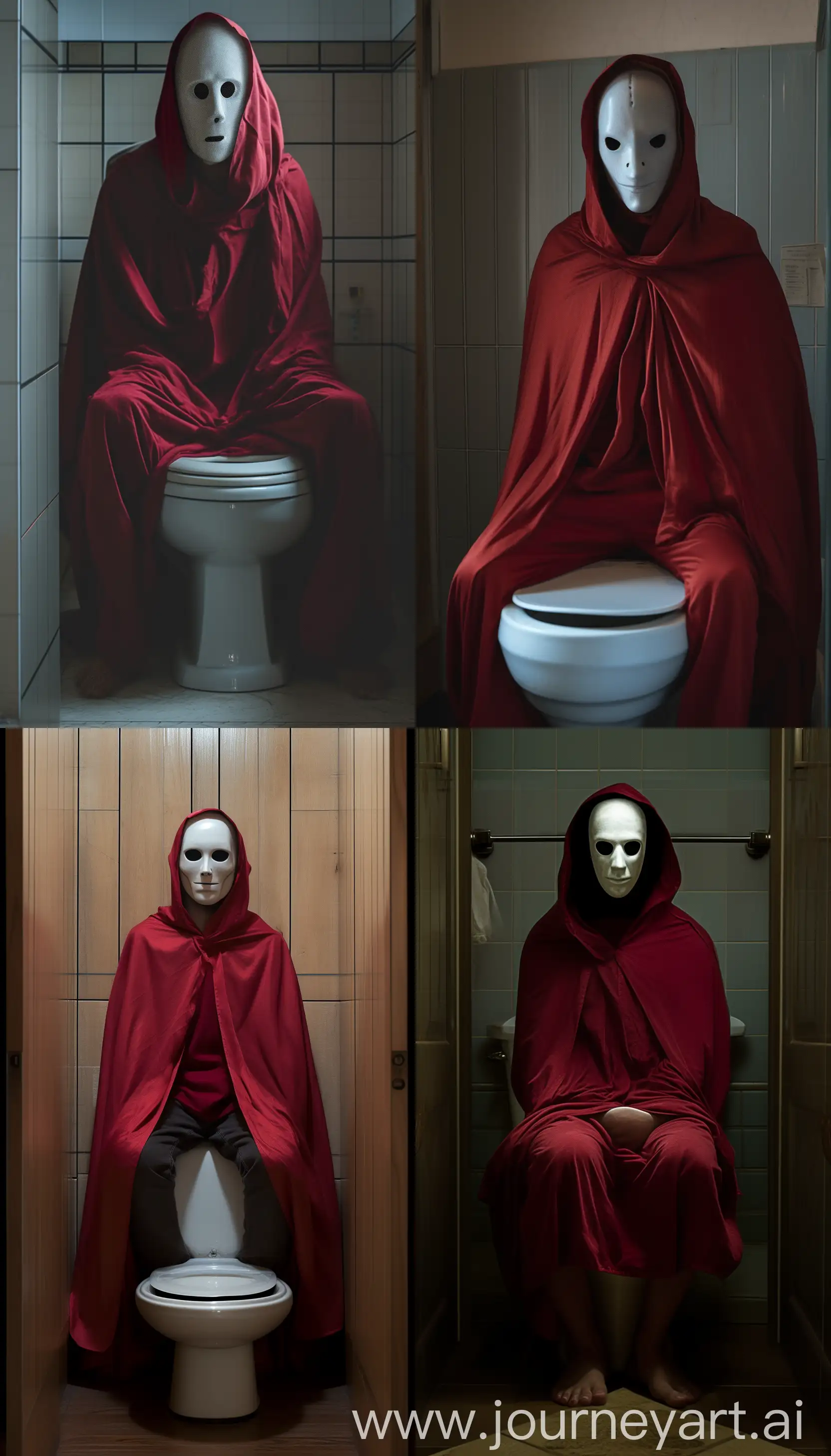 Akamanto, an entity with a white mask devoid of eyes and nose, draped in a red cloak or cape, sitting on a toilet within a bathroom, staring directly at the camera --ar 4:7 --q .25 --style raw --v 6