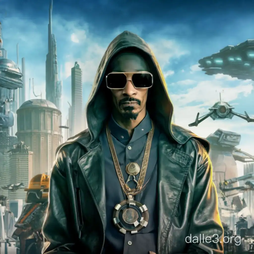 Snoop Dogg dressing a Jedi costume in the background an ciberpunk city in chaos 
