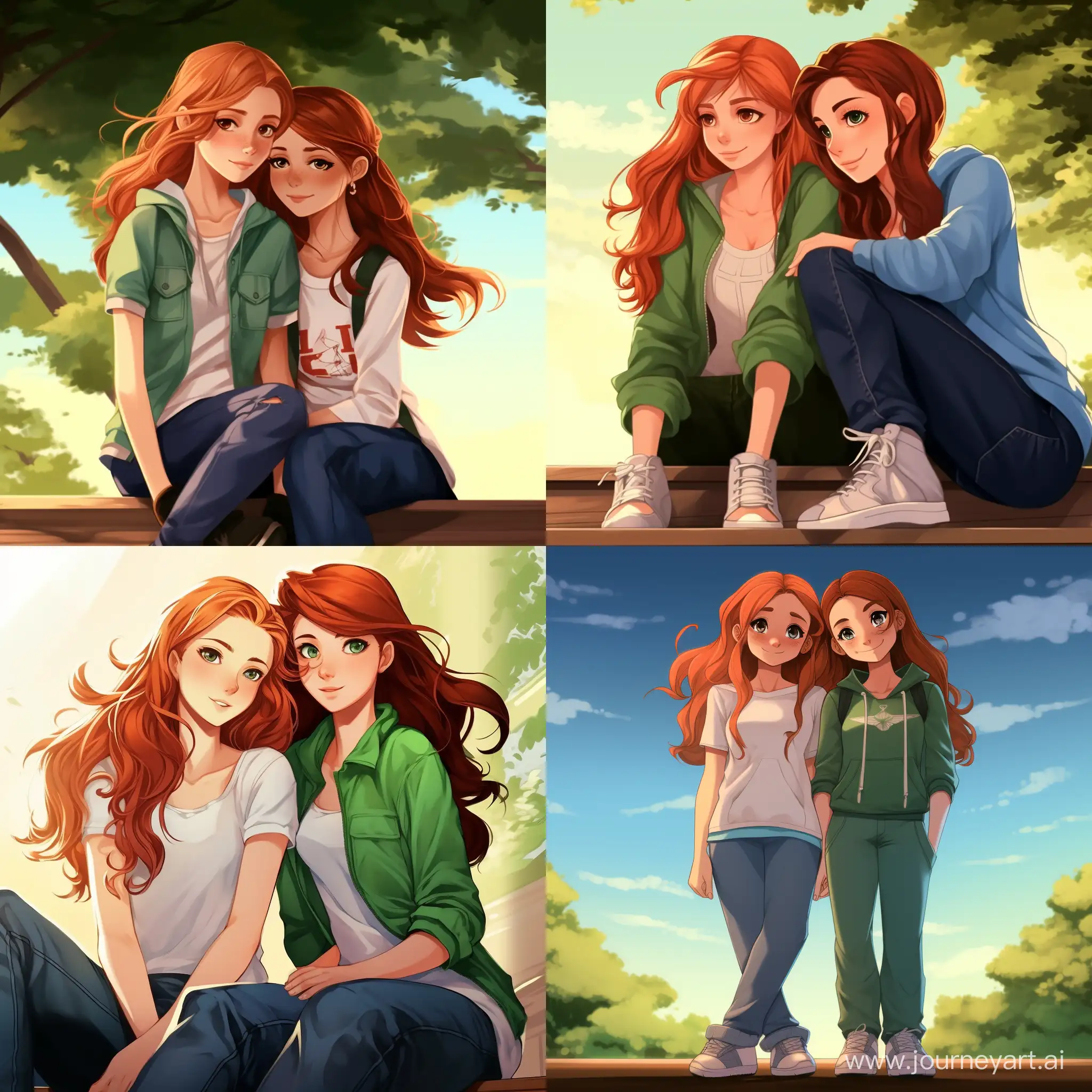 Two girls, girlfriends, half-grown, the first: a beautiful girl, straight dark hair, expressive green eyes, snow-white skin, teenager, jeans, sneakers, hoodie; the second: beautiful girl, dark red hair, bright green eyes, freckles, in a sundress; high quality, high detail, cartoon art