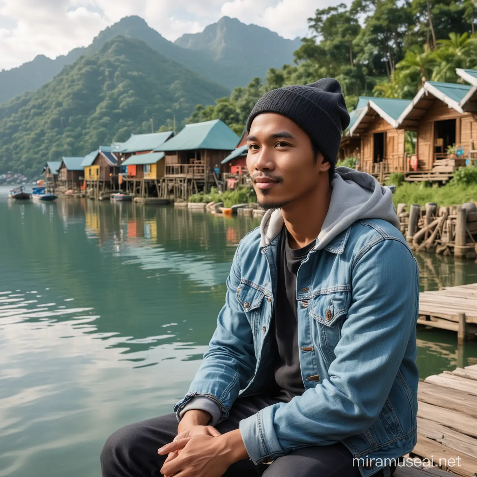 A picture of a handsome Indonesian man, aged 30, wearing a black beanie and light blue denim jacket, sitting by the lake in the daytime. In the background, there are several leaf-roofed huts and some colorful boats. The picture is original and in ultra HD.