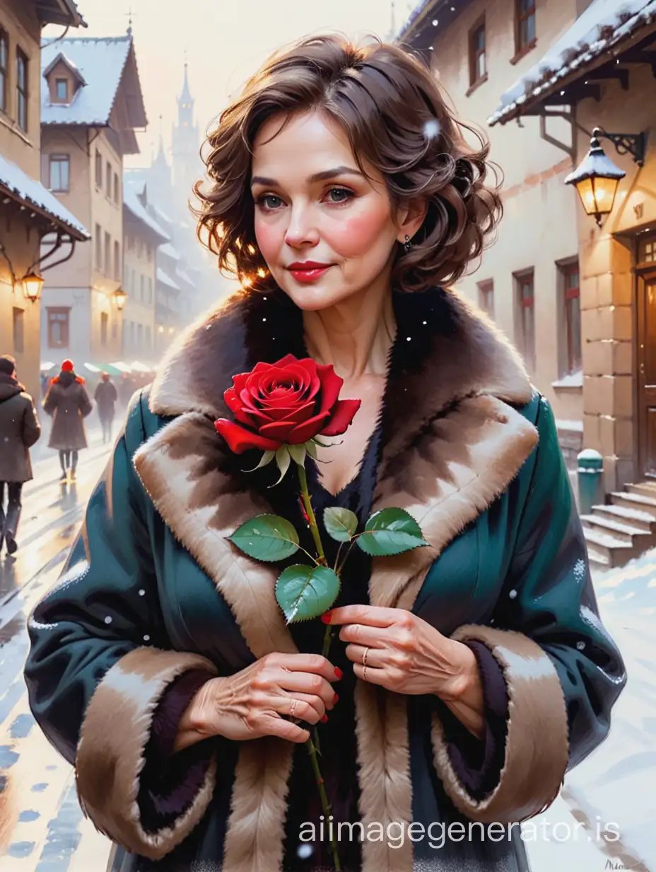 An aged woman in a fur coat, short wavy brown hair, a red rose in her hand, snowing, colored ink Mikhail Garmash