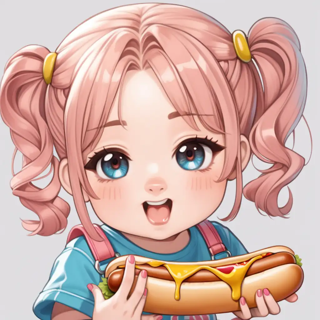 Art Style: Chibi

Composition:
- The plump girl is positioned centrally in the frame, her body slightly turned towards the viewer.
- The hot dog with mustard is held in her hands, close to her mouth.
- Pig tails with cute hair ornaments frame her face.
- The girl's mouth is open, ready to take a bite of the hot dog.
- No background is present in the scene.

Subject:
- Plump Girl:
  - Build/Age/Gender: Plump Young Girl
    - Body:
      - Height: Short
      - Build: Plump
      - Shape: Round
      - Proportions: Childlike
    - Face:
      - Eyes: Large and Sparkling
      - Nose: Small and Round
      - Lips: Puckered, as if about to take a bite
      - Hair: Pig tails with cute hair ornaments
      - Complexion: Rosy cheeks
  - Clothing:
    - Style: Casual
    - Colors: Bright and cheerful
    - Accessories: Hair ornaments

Visual Elements:
- Characters: Plump girl
- Setting: No background

Atmosphere/Mood:
- Playful and cheerful