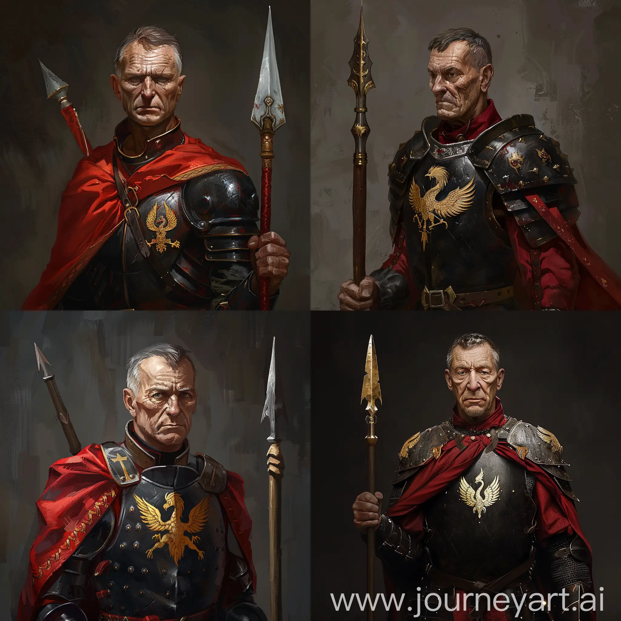 Fantasy guard, dark iron armor with red fabric, gold phoenix crest, no helmet, humble, older male, stern look, short hair, spear