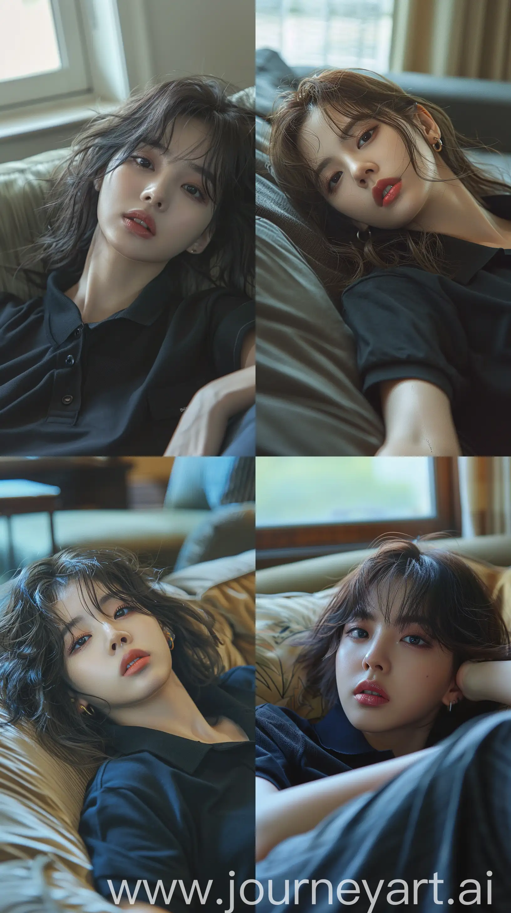 a blackpink's jennie laying on sofa, medium wolfcut hair, wide set eyes, grunge aestethic make up, with a black polo shirt, --ar 9:16 --stylize 250