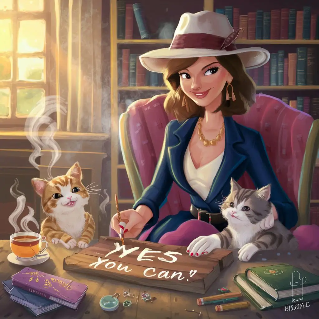 create a creative and cosy scene, feating a 30 year old woman wearing stylish clothes and hat, she has 2 cats, a cup of tea and is painting a sign that says "yes you can" sun is shining through window, music playing, lots of inspiring books around