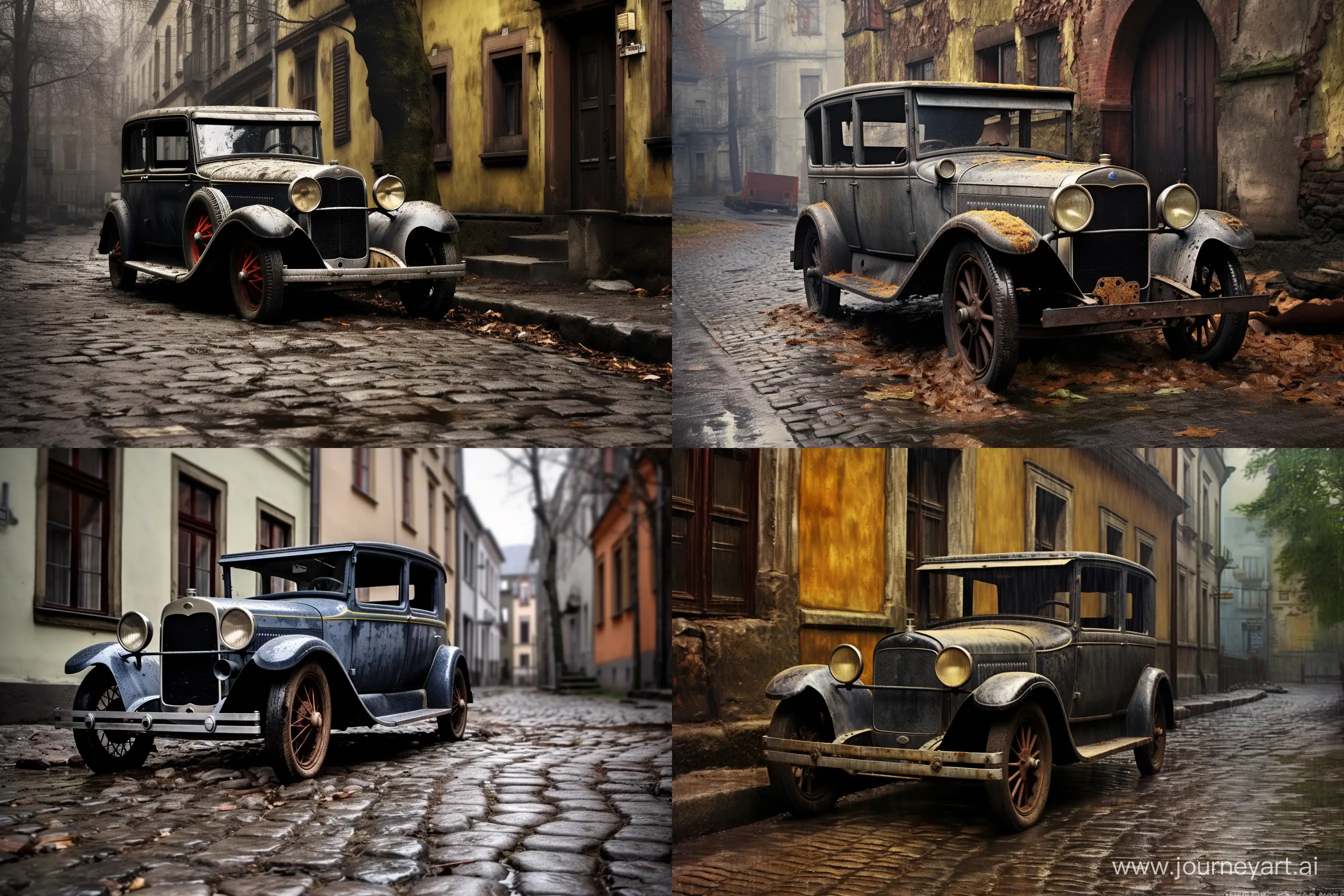 urban expressionism old car 1920 on cobbled street --ar 3:2 --v 5.2