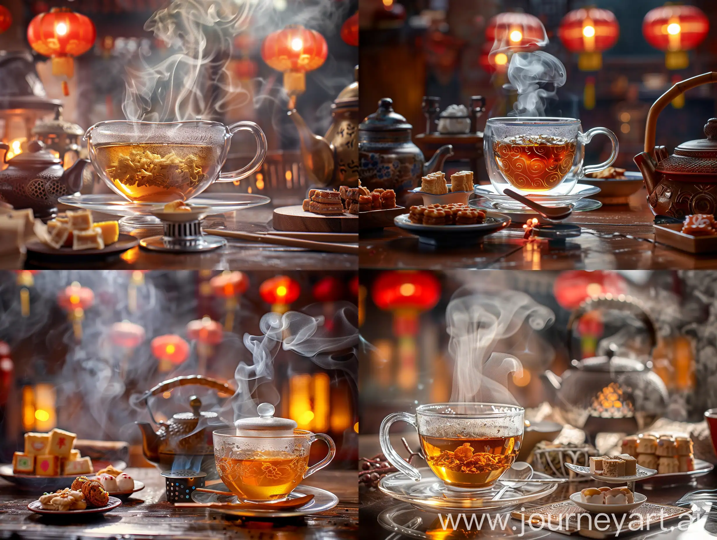 чайная церемония, прозрачная чайная чашечка, чай в чашке, идет пар от чая, ложечка и чашка в китайском стиле, на блюдечке сладости, заварочный чайник , под ним малеьнкая горелка для разогрева, на фоне китайские фонарики... , все детали в резкости