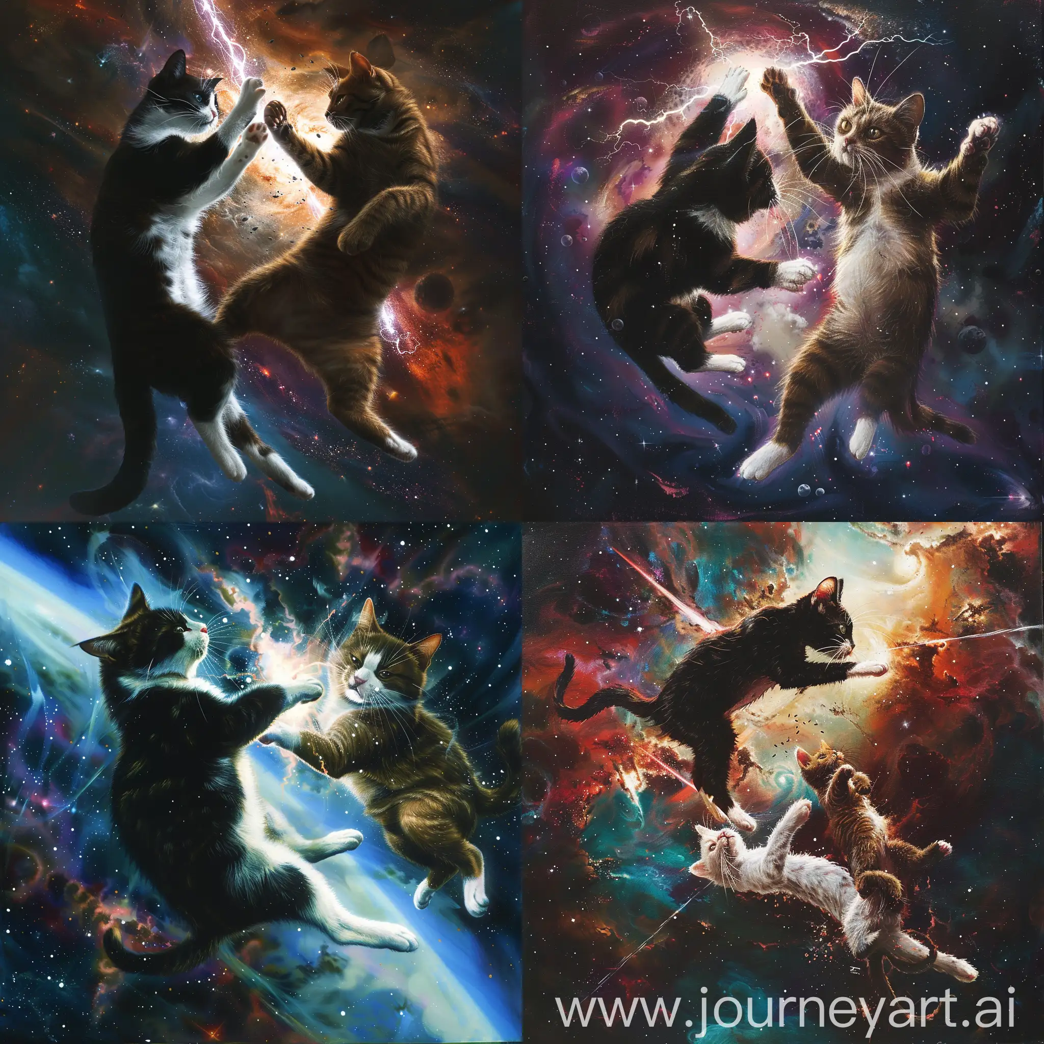 Realistic image. Fighting cat in space with superpowers. One cat is black-white another one is brown