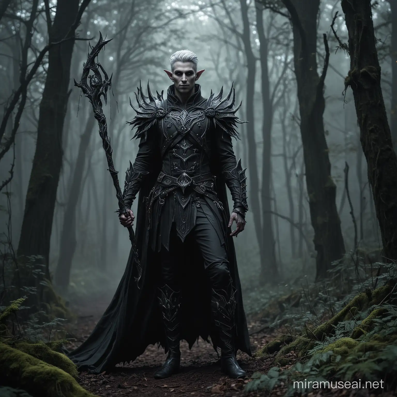 Ethereal handsome Male Elf Banshee, With Unholy Necromancer Staff and Outfit, Standing in a Dark Forest