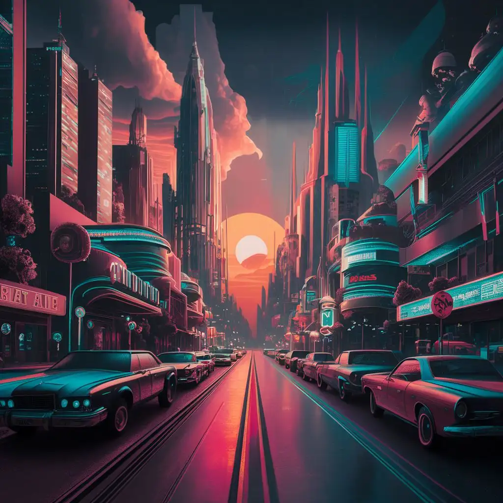 Retro-futuristic cityscape at sunset, blending 80s neon vibes with modern architecture.