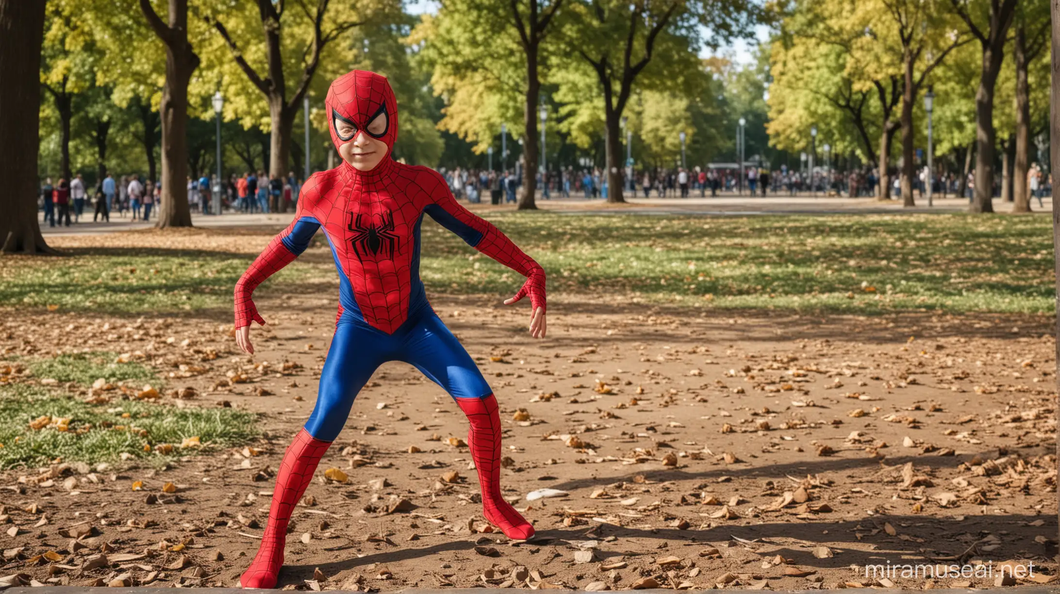 A kids play in park,spiderman dress