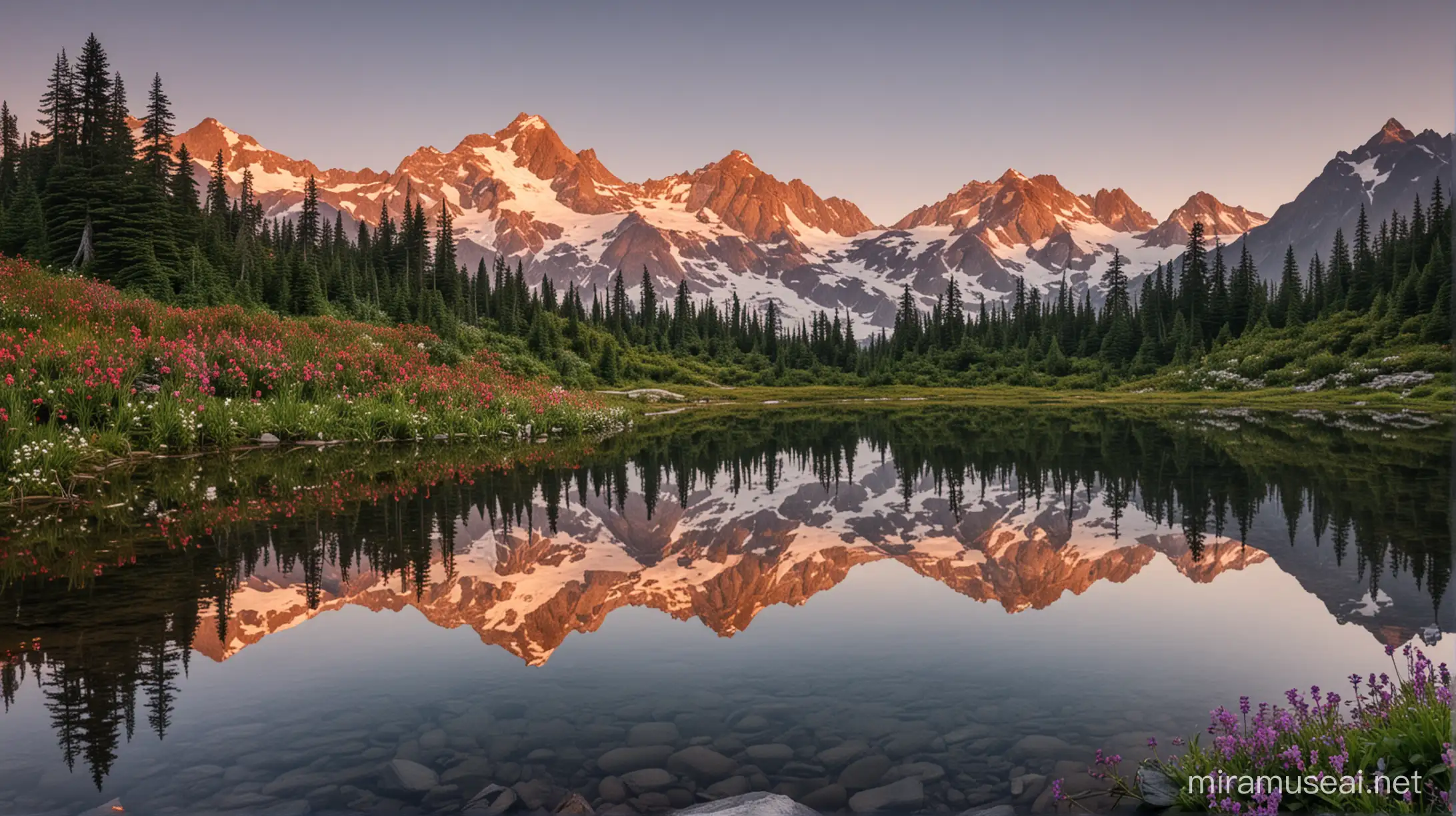 Sunrise behind Mt Shuksan with Flowers and Picture Lake Reflection