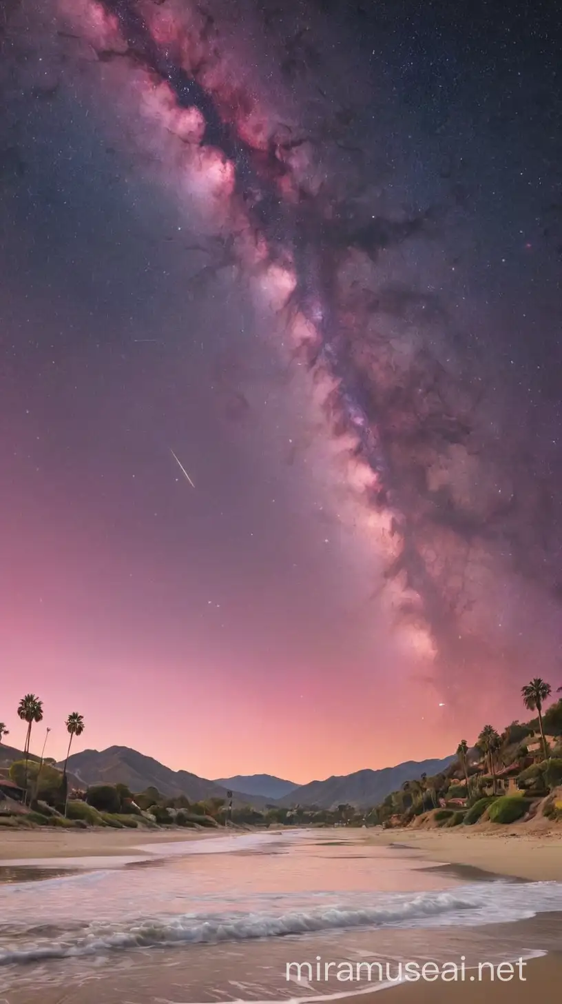 Draw a cosmic galaxy that goes through Calabasas, where the sky is pink and the beach is