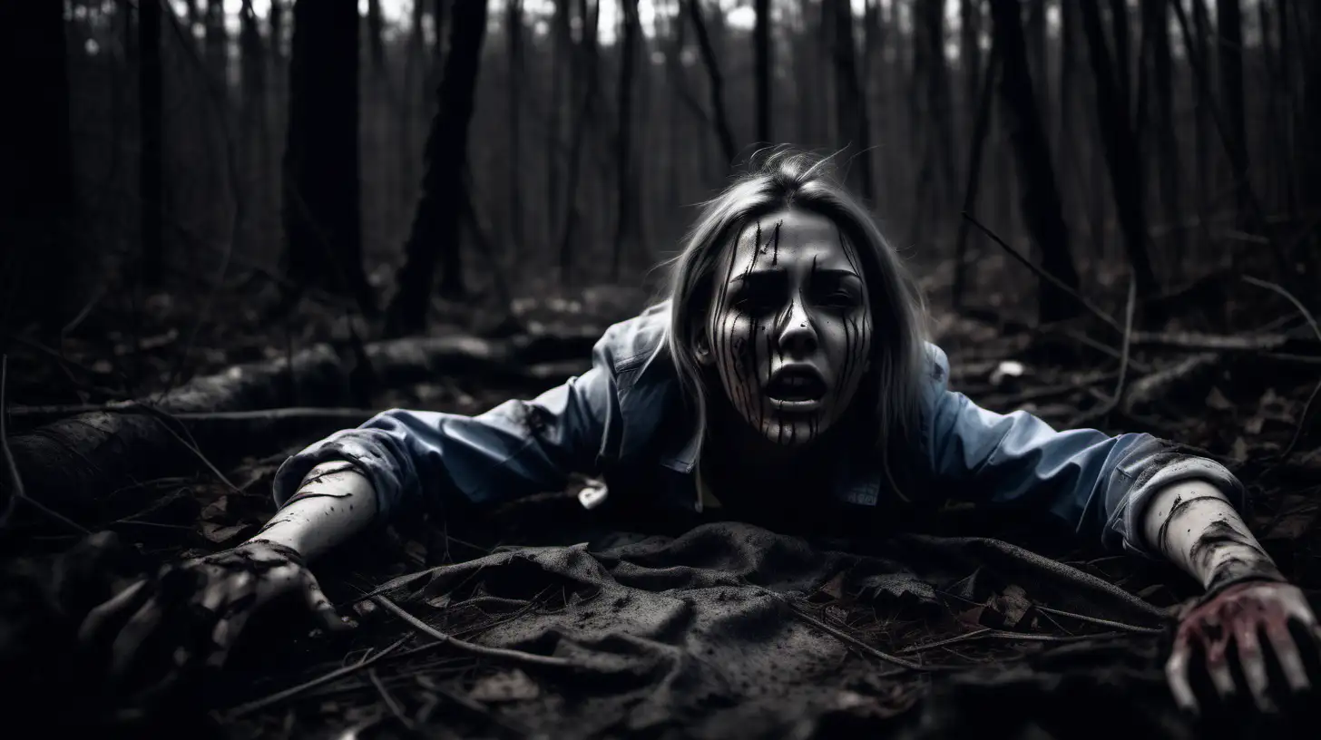  dead bbody of young woman on the ground with struggle marks, torn clothes and horror filled face in the dark woods
