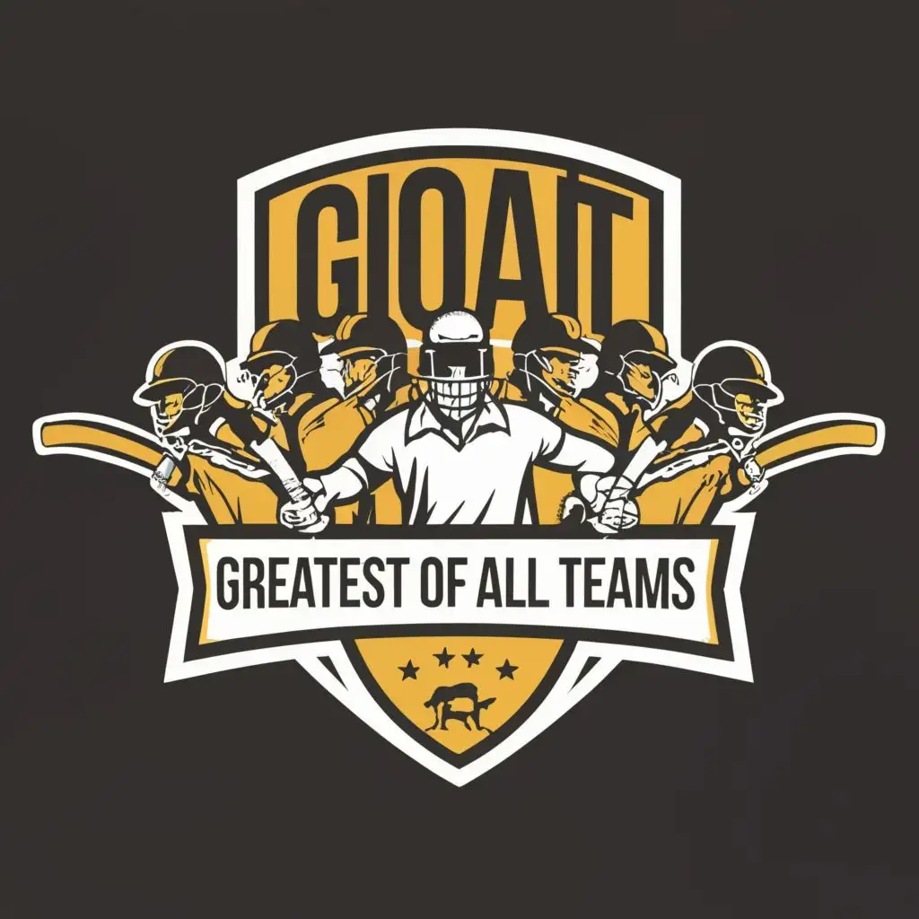 logo, Cricket,5 CRICKETERS WITH BAT, with the text "GOAT" "GREATEST OF ALL TEAMS", typography
