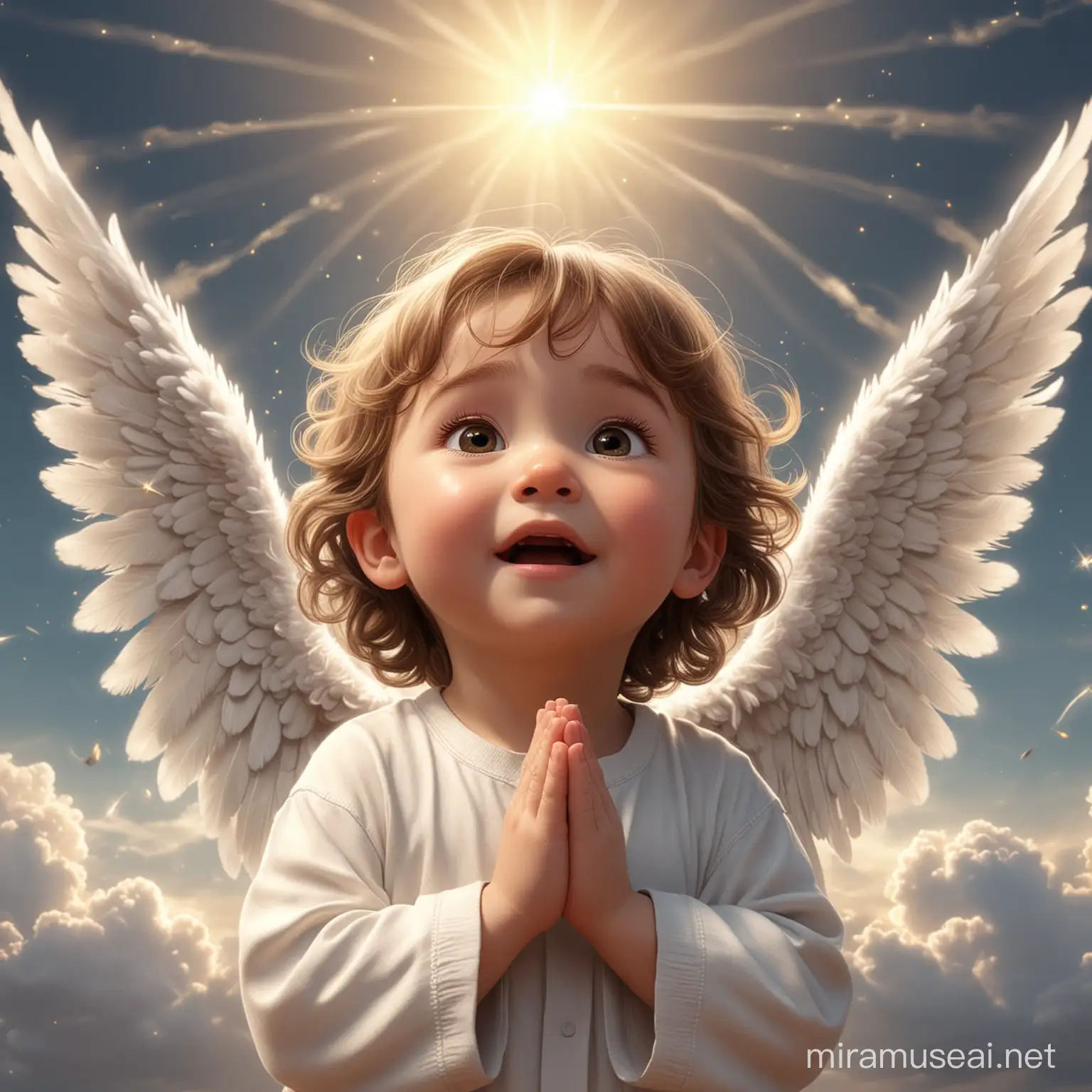 animación de un niño pequeo, orando al cielo,con rostro lleno de fé, baja un angel fuerte y alegre a ayudarle