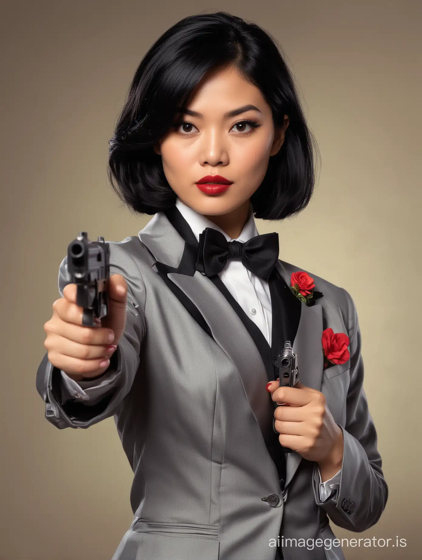 A female Vietnamese spy with shoulder length black hair and lipstick.  She is wearing a formal tuxedo with a black bowtie.  Her jacket is not buttoned.  Her jacket has a corsage.  She is pointing a gun.