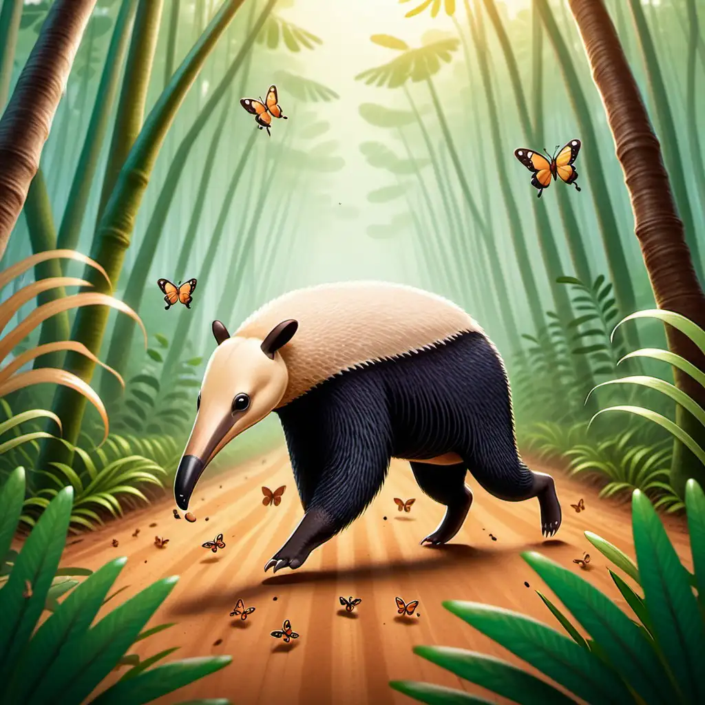 Kawaii stil, Illustration: 
Titel: Die faszinierenden Ameisenbären
Illustration: Ein Ameisenbär durchstreift einen offenen Bereich im Amazonasregenwald, während er nach Termitenhügeln sucht. Einige Schmetterlinge fliegen um ihn herum, während er sich am Boden bewegt.